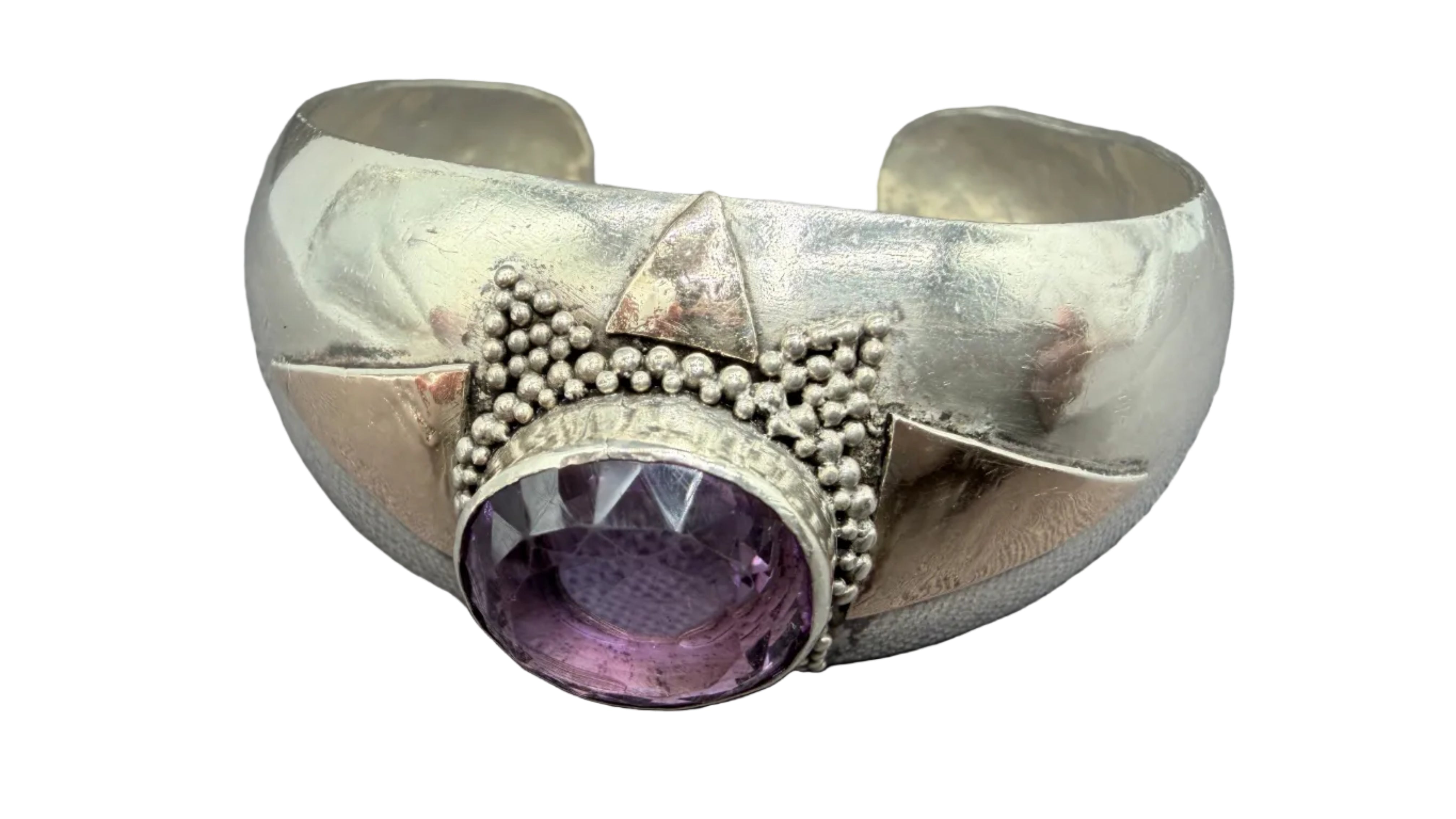1980s Navajo Sterling Silver & Brass Cuff Bracelet with Faceted Amethyst