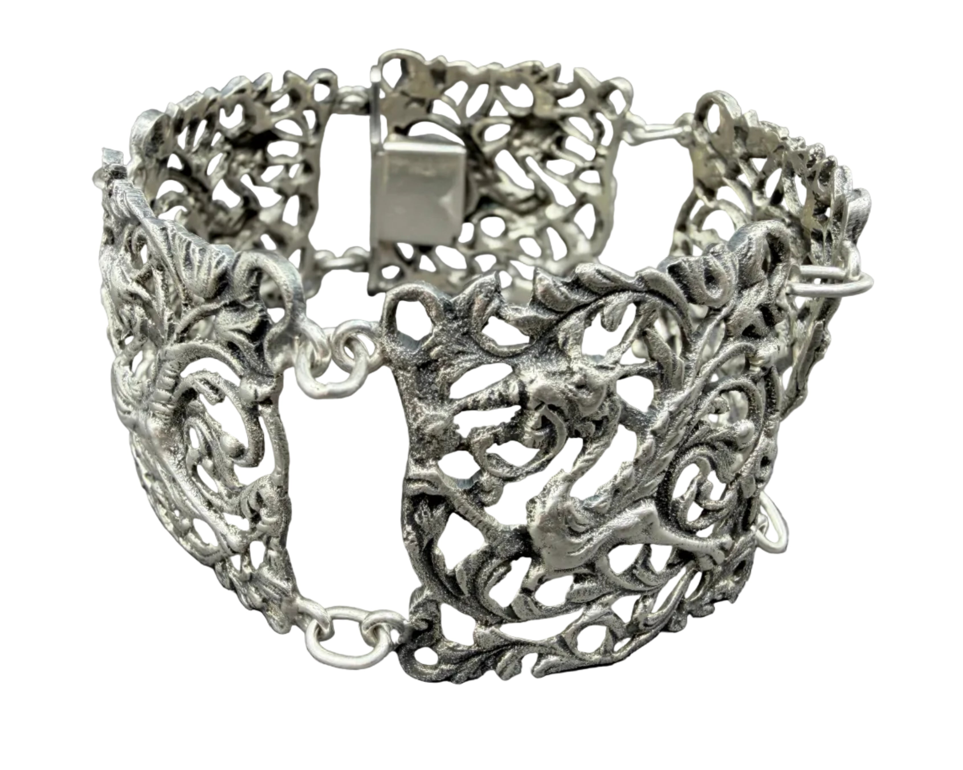 1960s Guglielmo Cini 800 Silver Openwork Panel Link Bracelet with Winged Creatures