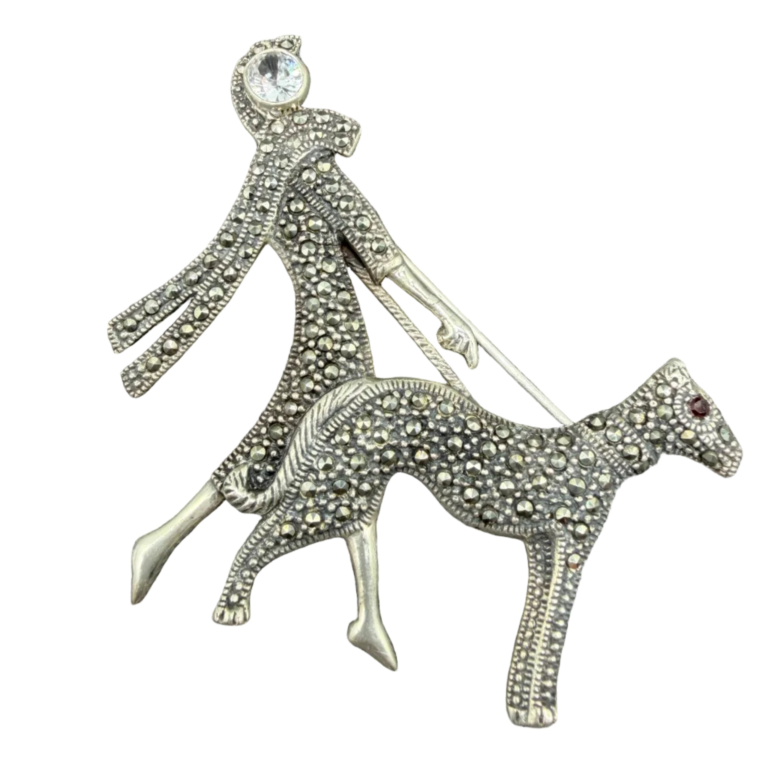 1940s Sterling Silver & Marcasite Art Deco Woman Walking Dog Brooch with Ruby Eye