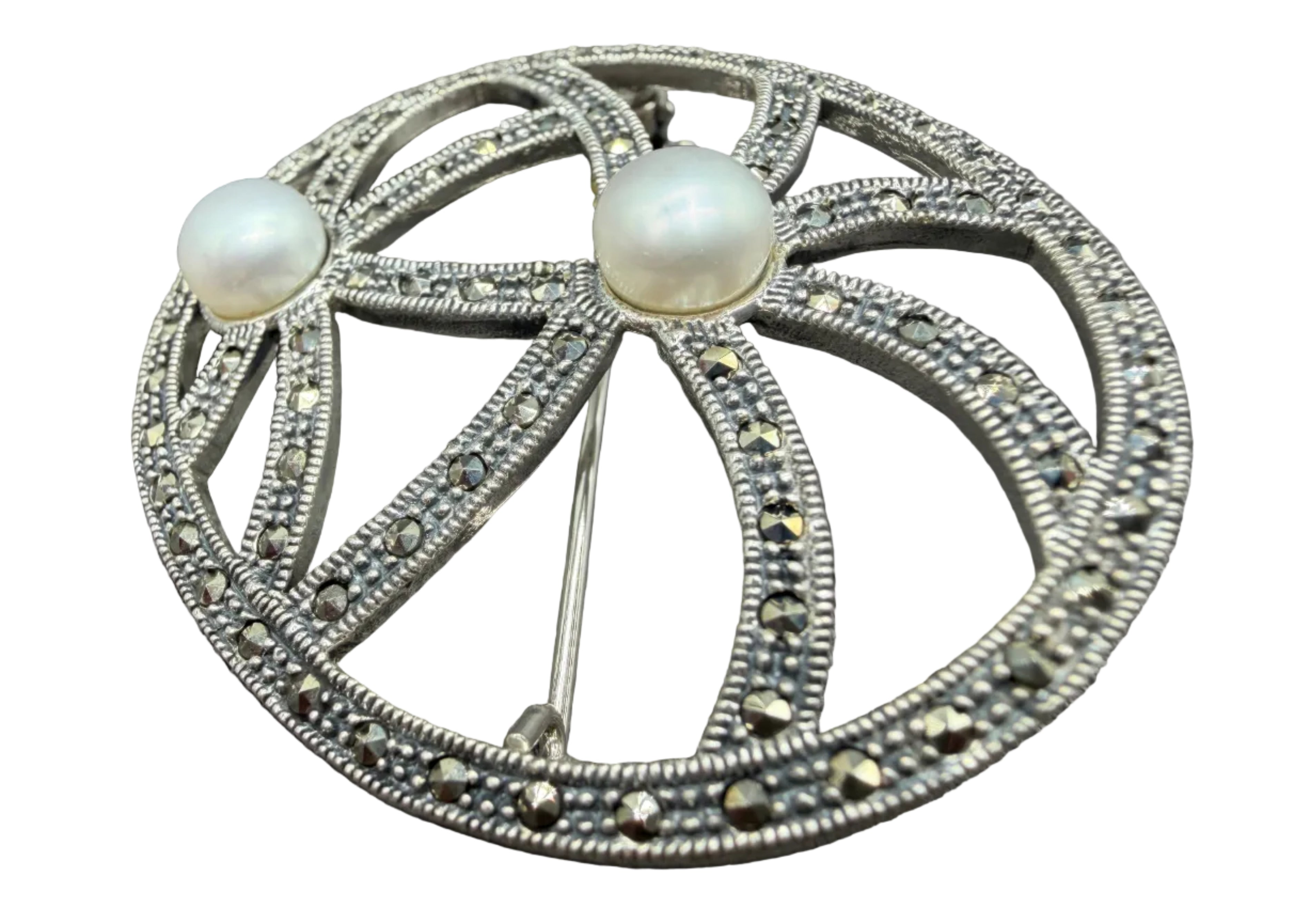 1950s Sterling Silver Openwork Brooch with Marcasite & Genuine Pearls