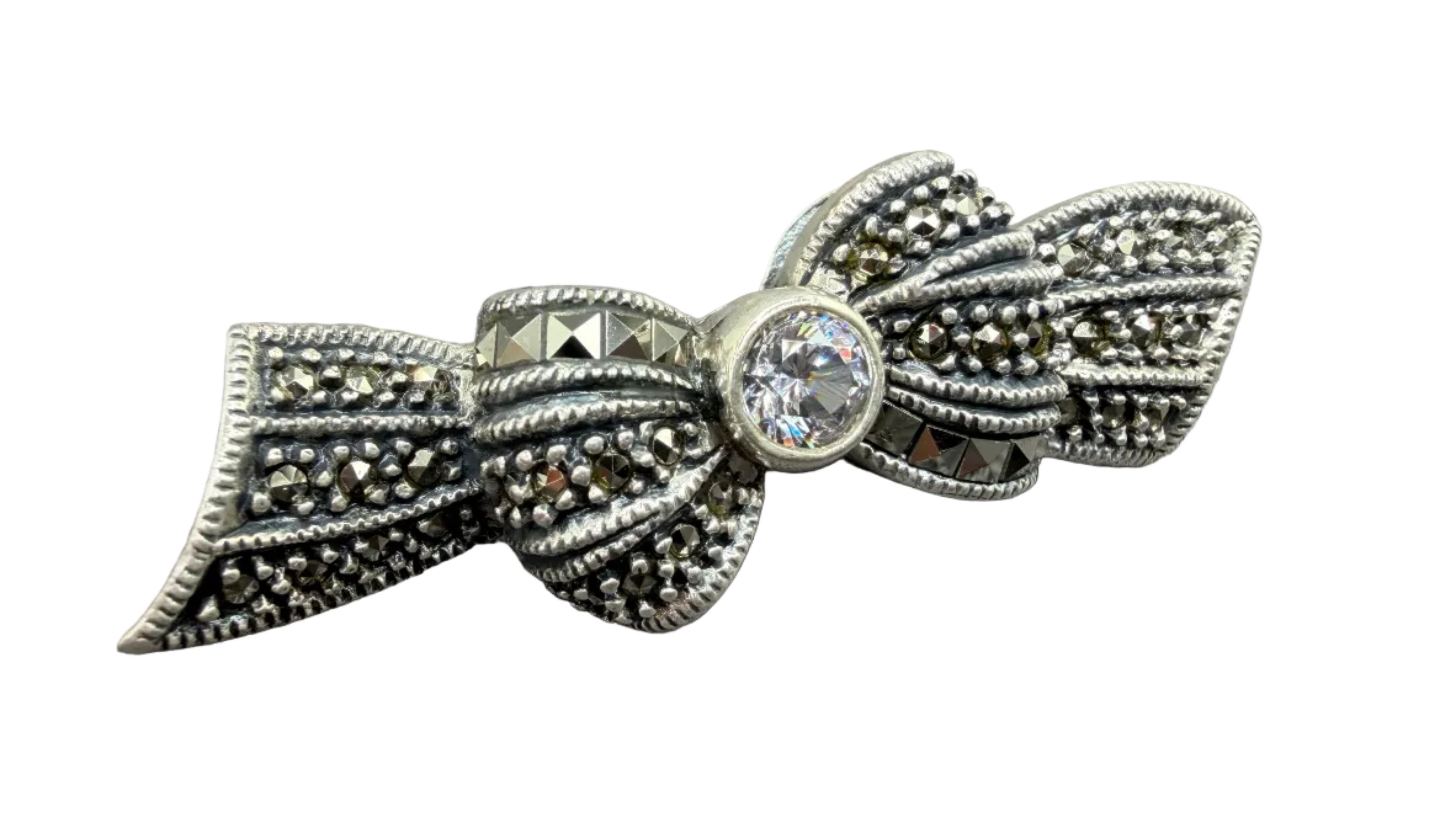 1960s Judith Jack Sterling Silver Bow Brooch with Marcasite & Crystal