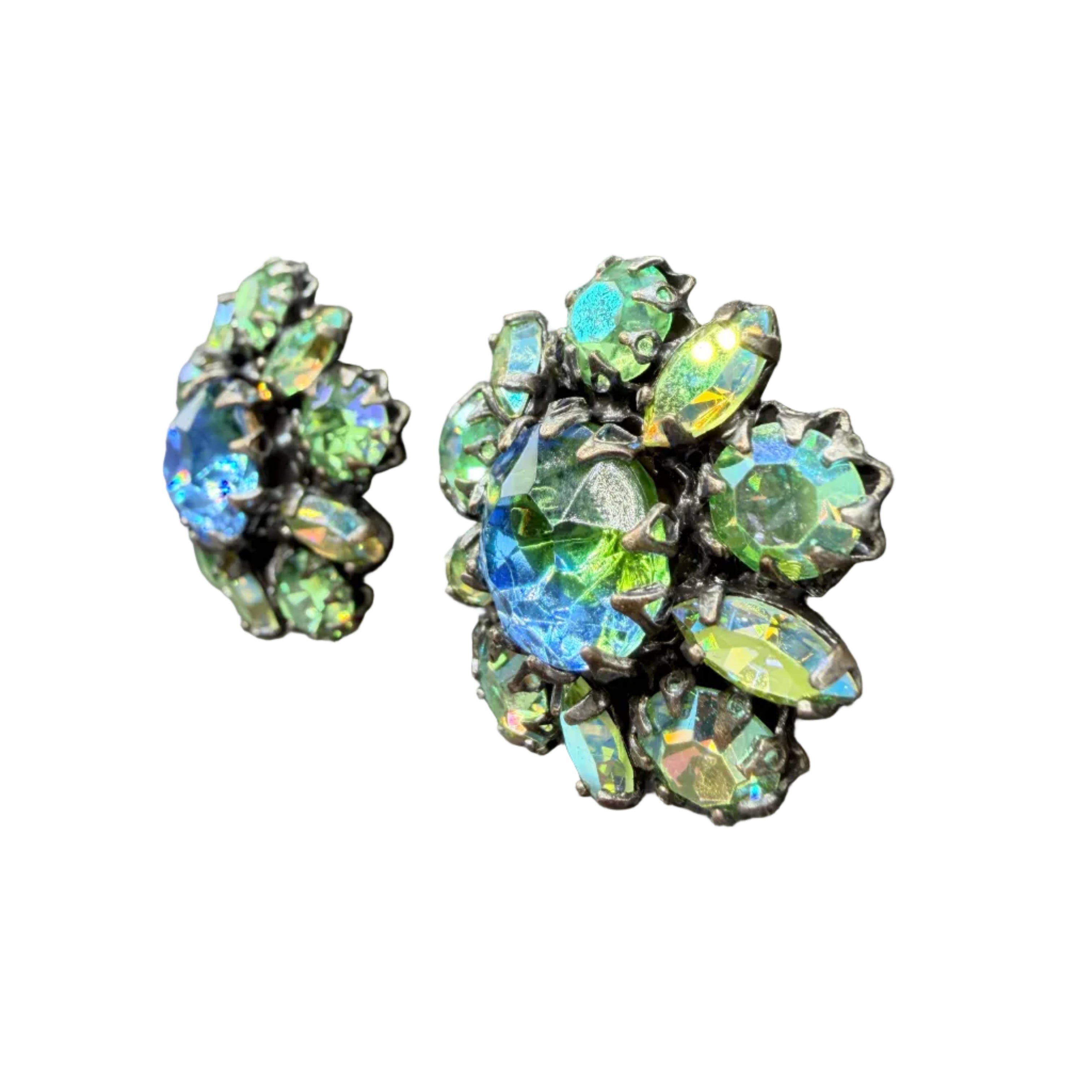 1950s Green Aurora Borealis Rhinestone Cluster Clip Earrings