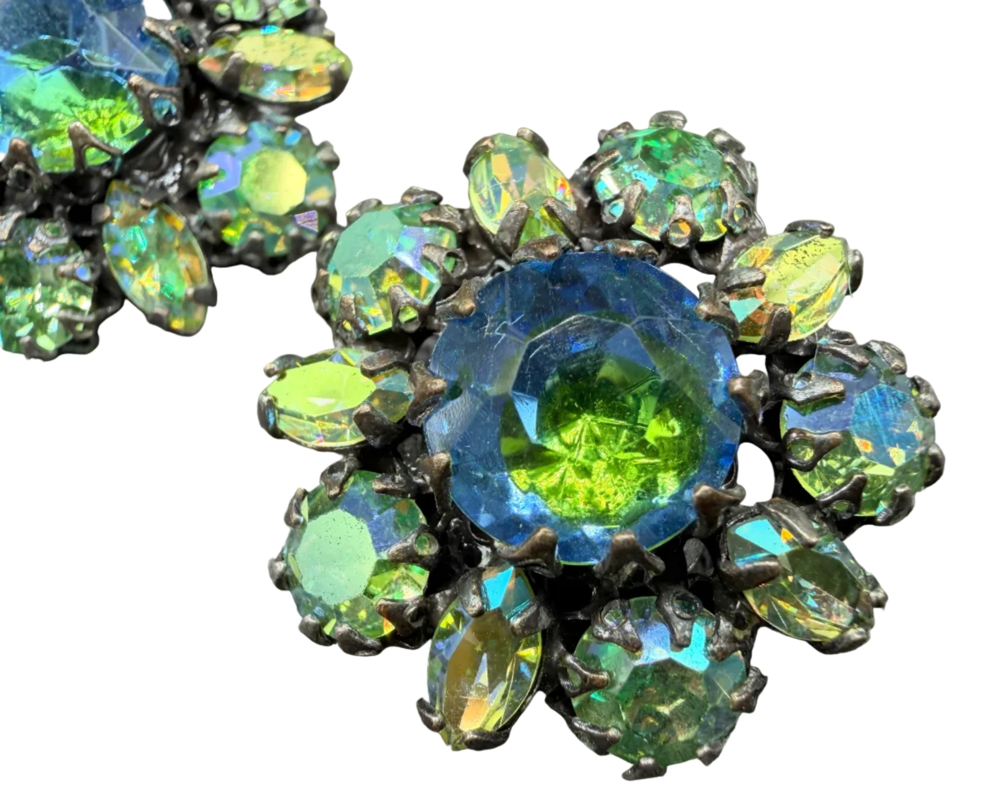 1950s Green Aurora Borealis Rhinestone Cluster Clip Earrings