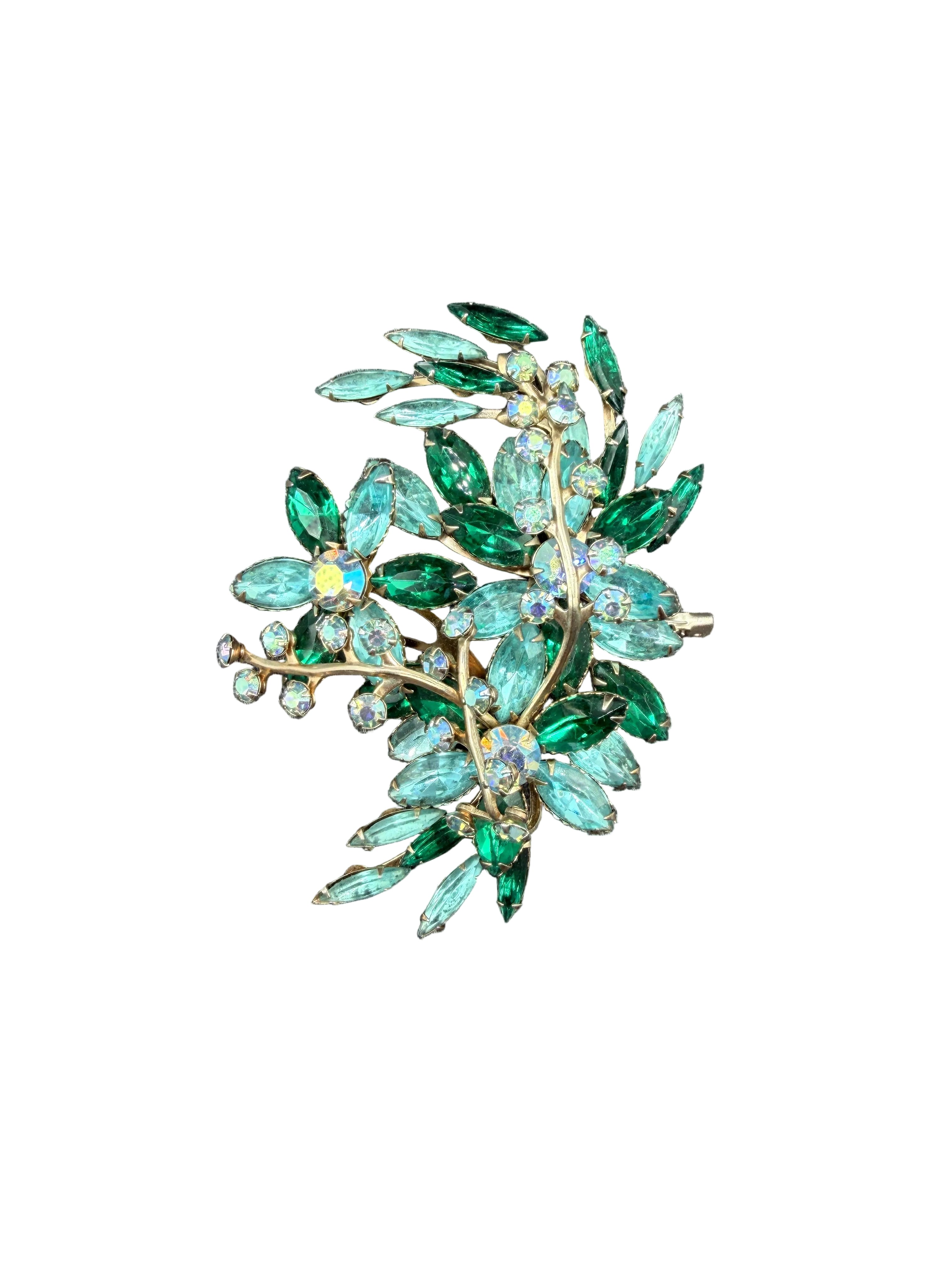1950s Tiered Green & Aqua Rhinestone Statement Brooch