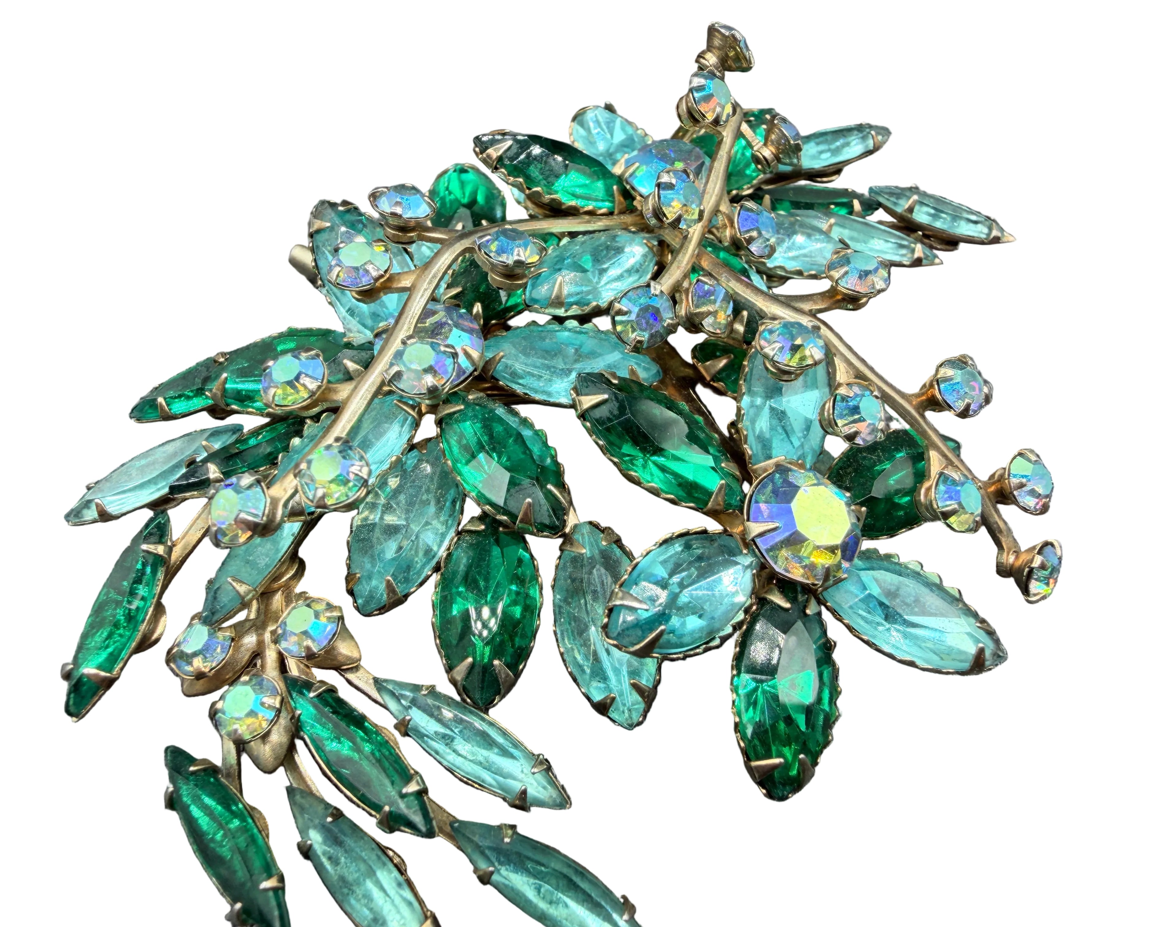 1950s Tiered Green & Aqua Rhinestone Statement Brooch