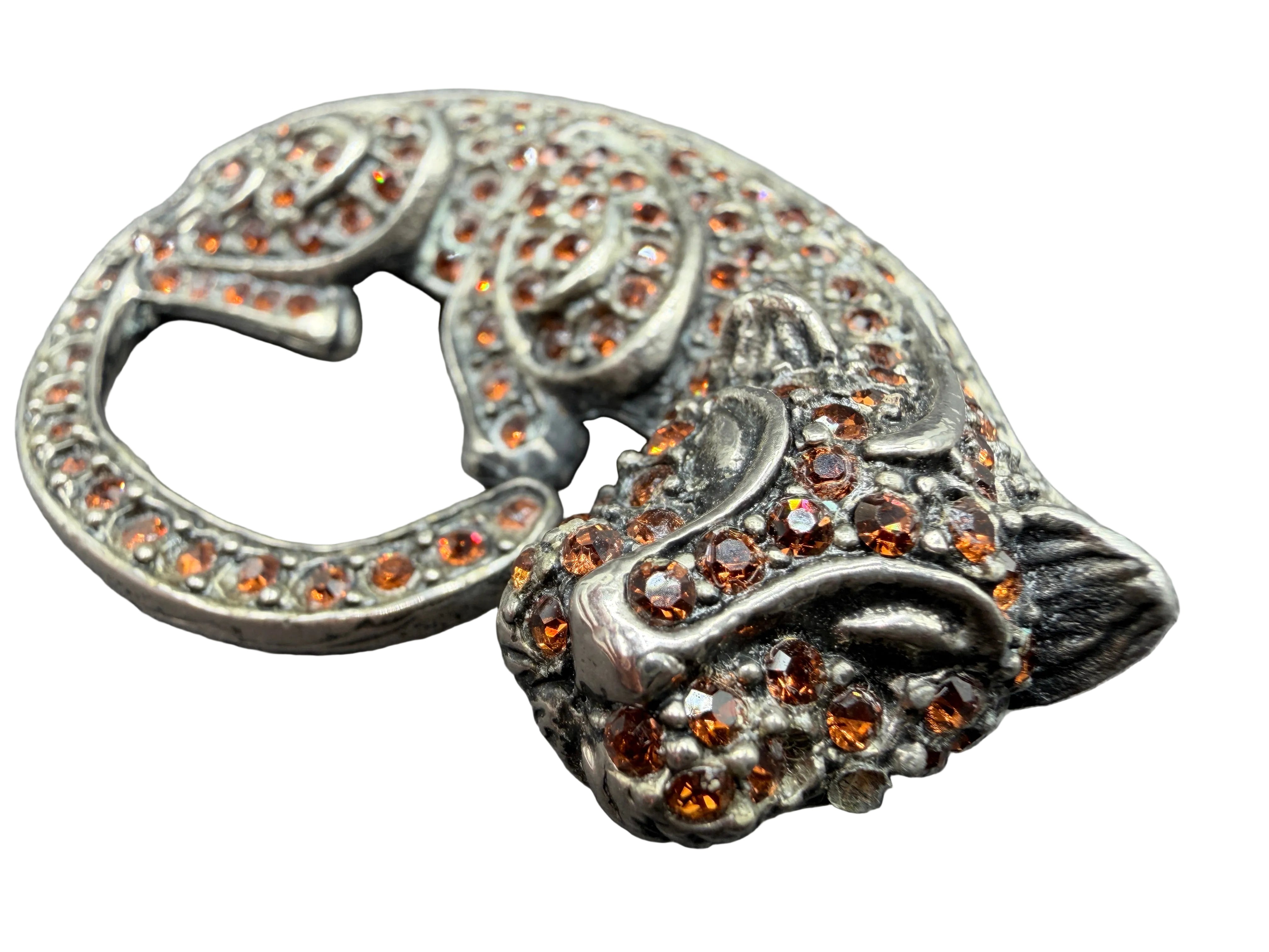 1980s Danny Pollak Silver-Tone Curled Panther Brooch with Amber Pavé Rhinestones