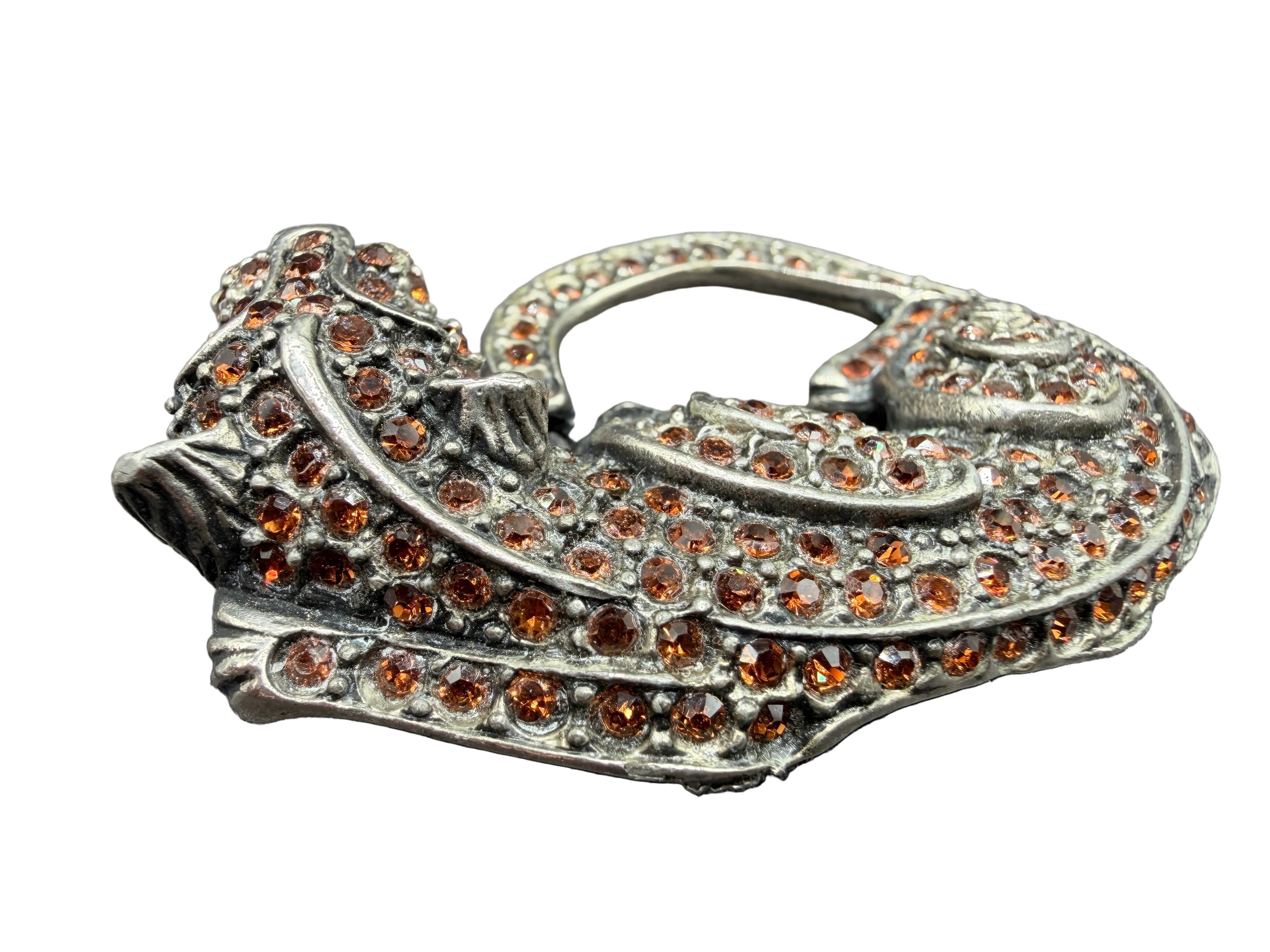 1980s Danny Pollak Silver-Tone Curled Panther Brooch with Amber Pavé Rhinestones