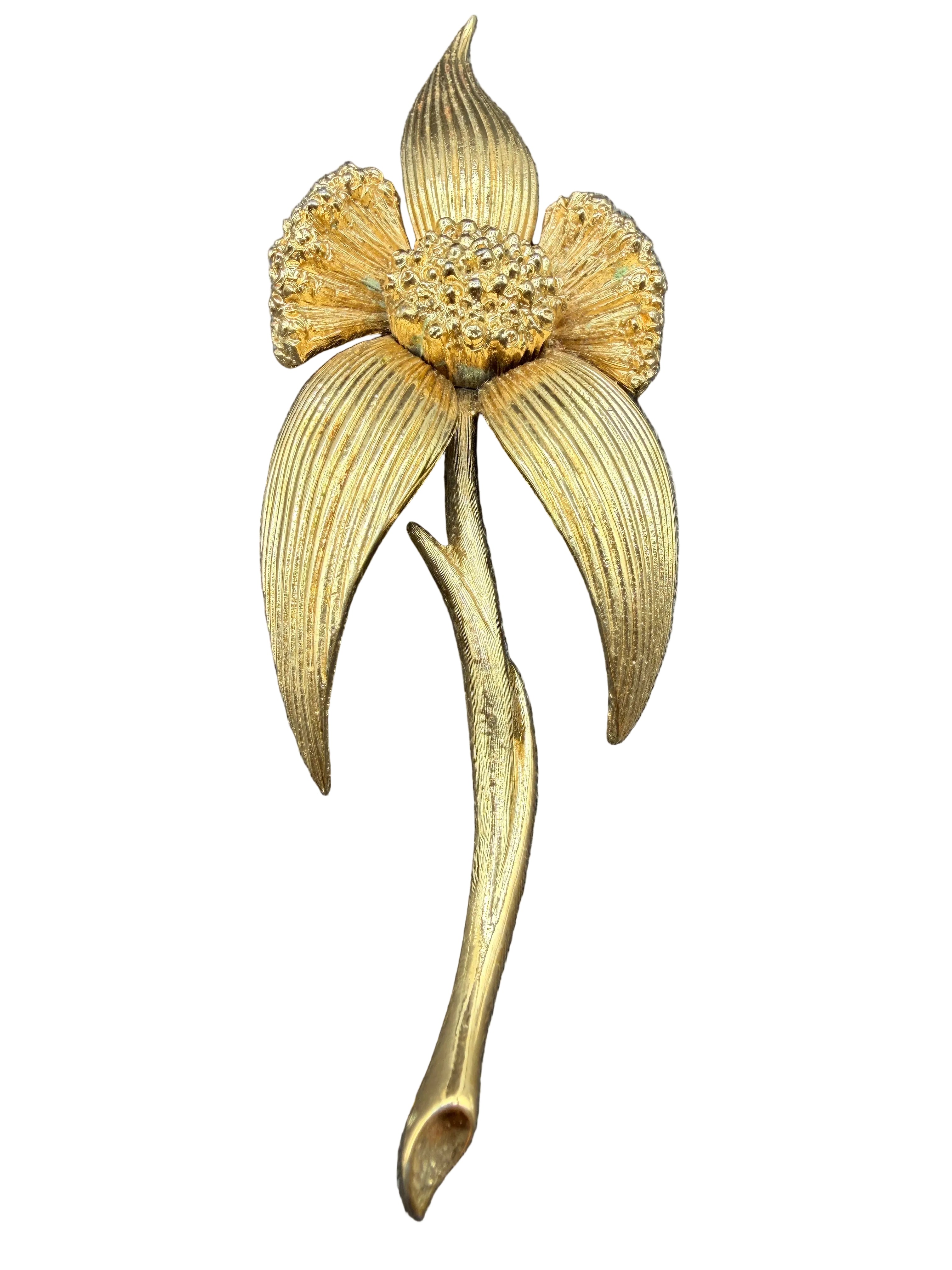 1960s Monet Gold-Tone Dimensional Iris Flower Brooch