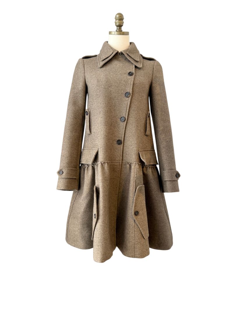 Miu Miu Feminine Military Coat with Double Collar and Skirted Hem
