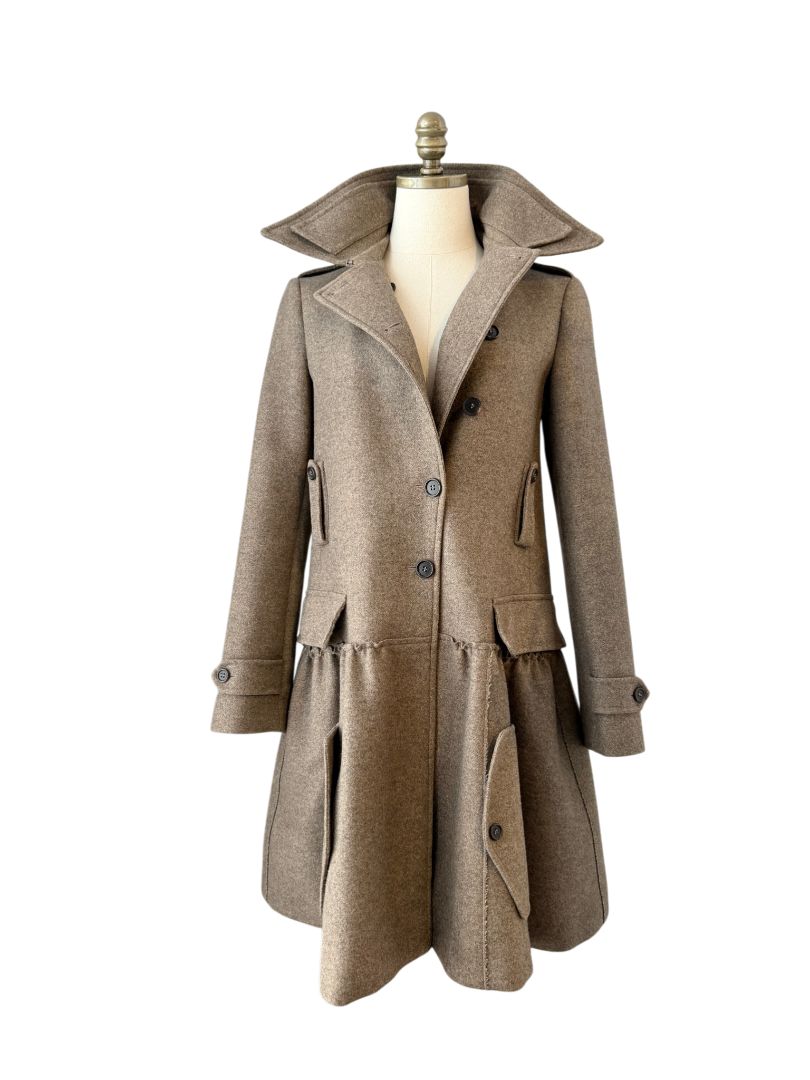 Miu Miu Feminine Military Coat with Double Collar and Skirted Hem