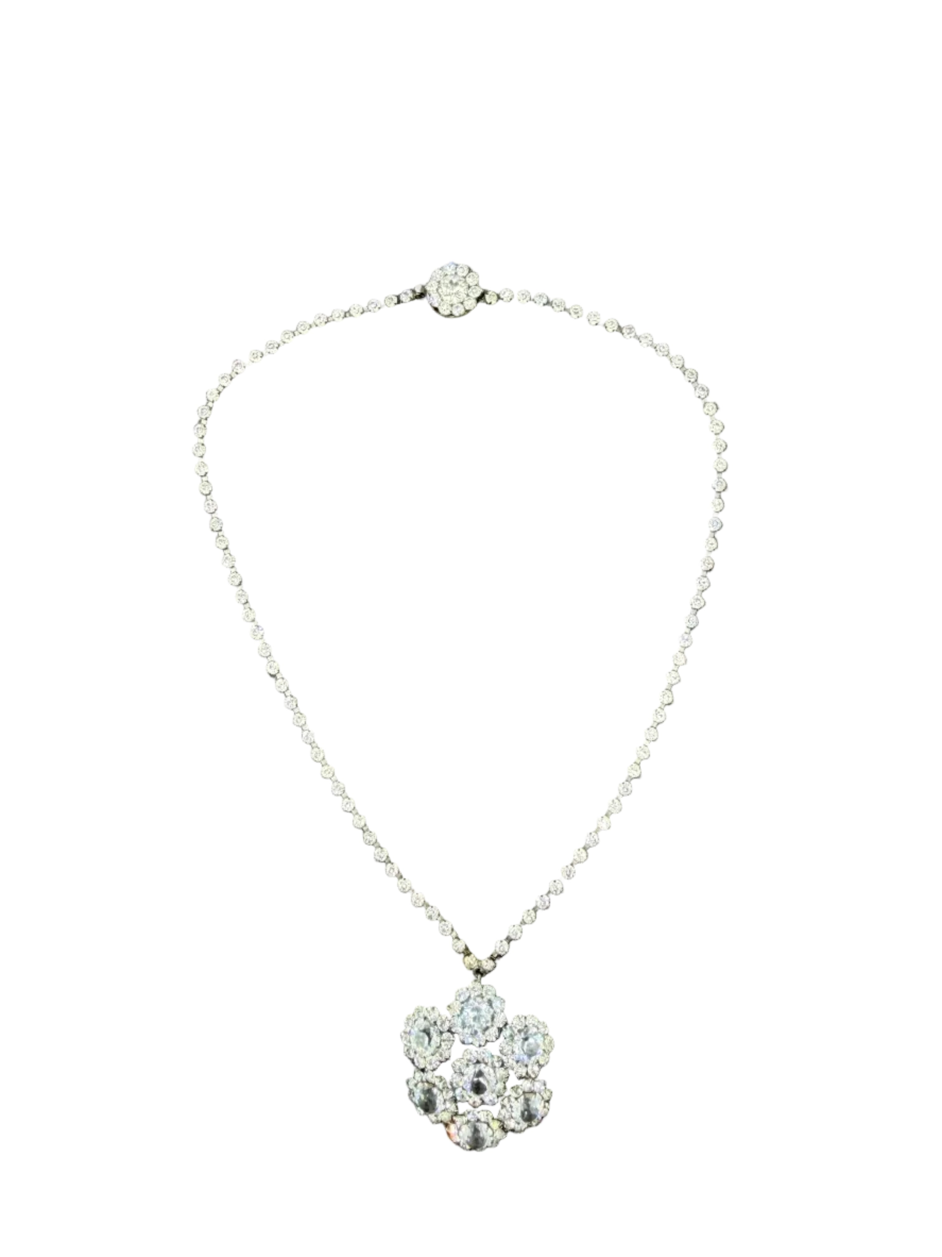 1950s Sterling Silver Rhinestone Chain Necklace with Austrian Crystal Cluster Pendant