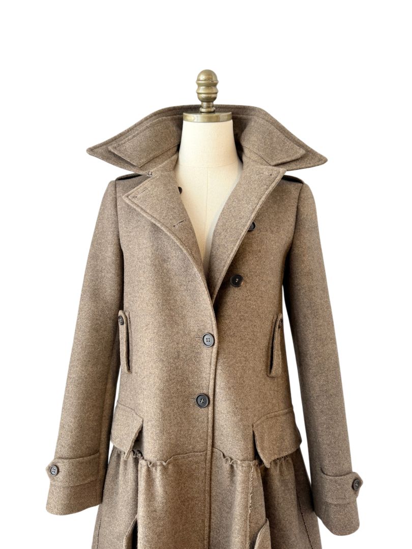 Miu Miu Feminine Military Coat with Double Collar and Skirted Hem