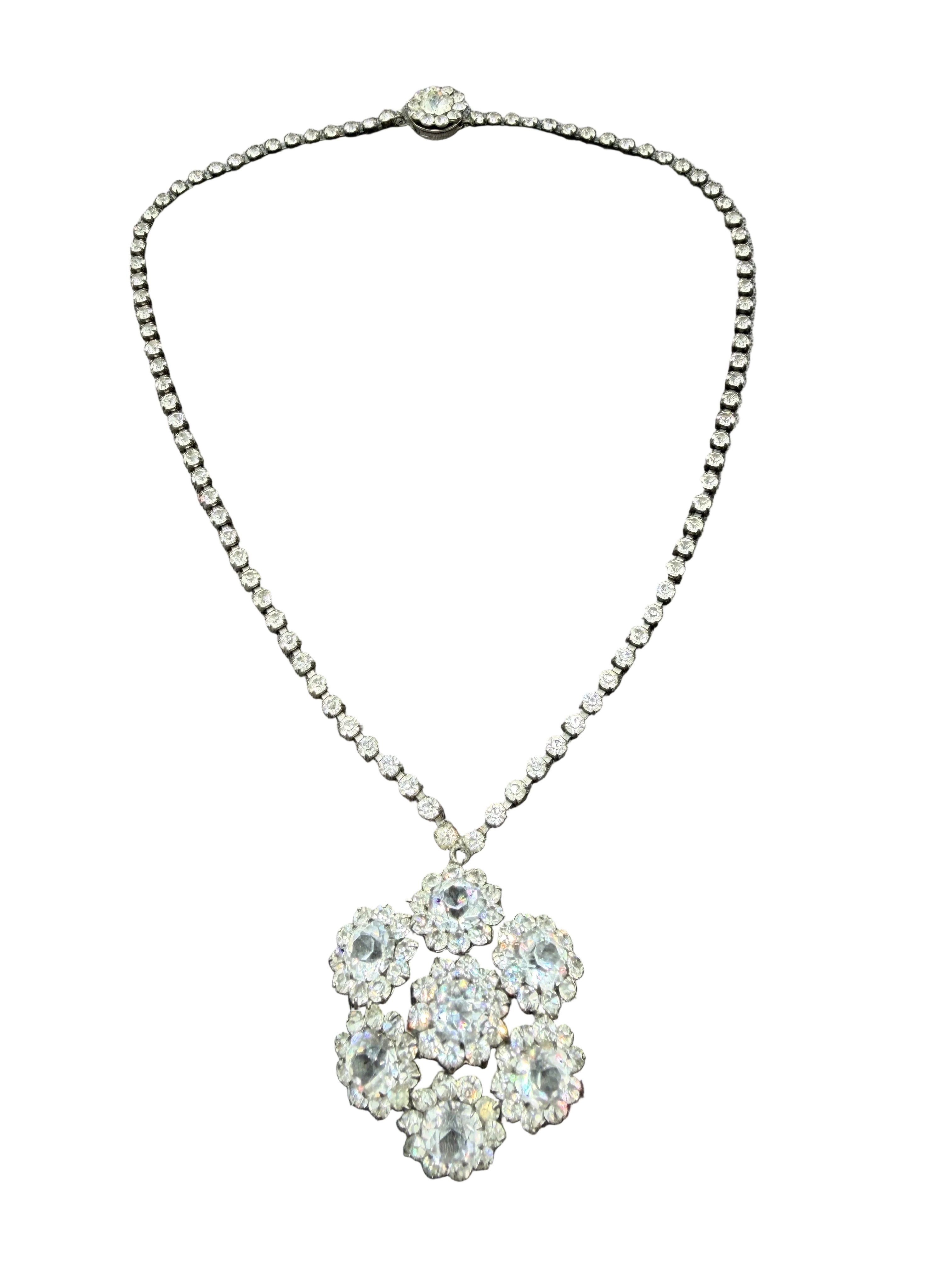 1950s Sterling Silver Rhinestone Chain Necklace with Austrian Crystal Cluster Pendant