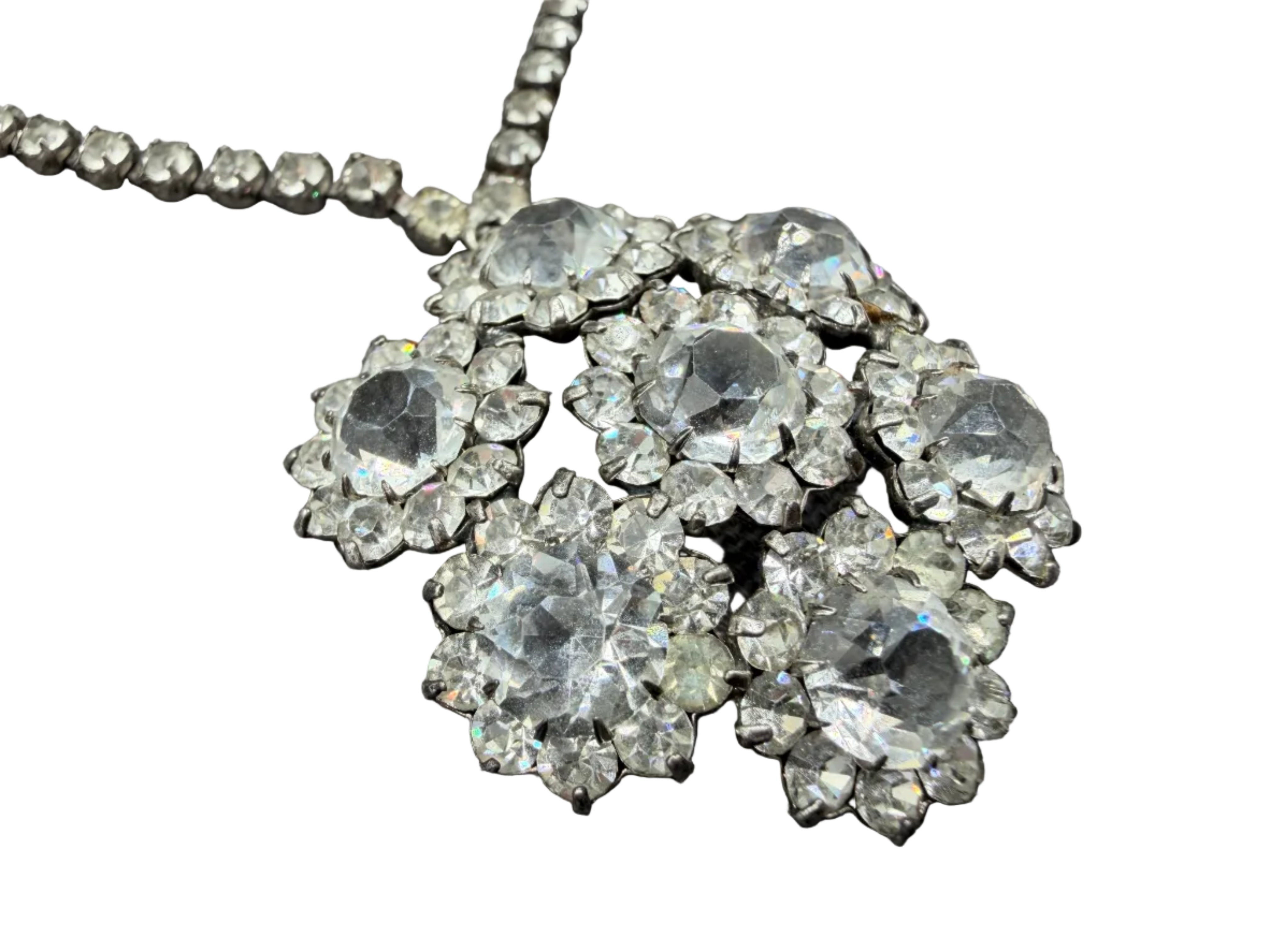 1950s Sterling Silver Rhinestone Chain Necklace with Austrian Crystal Cluster Pendant