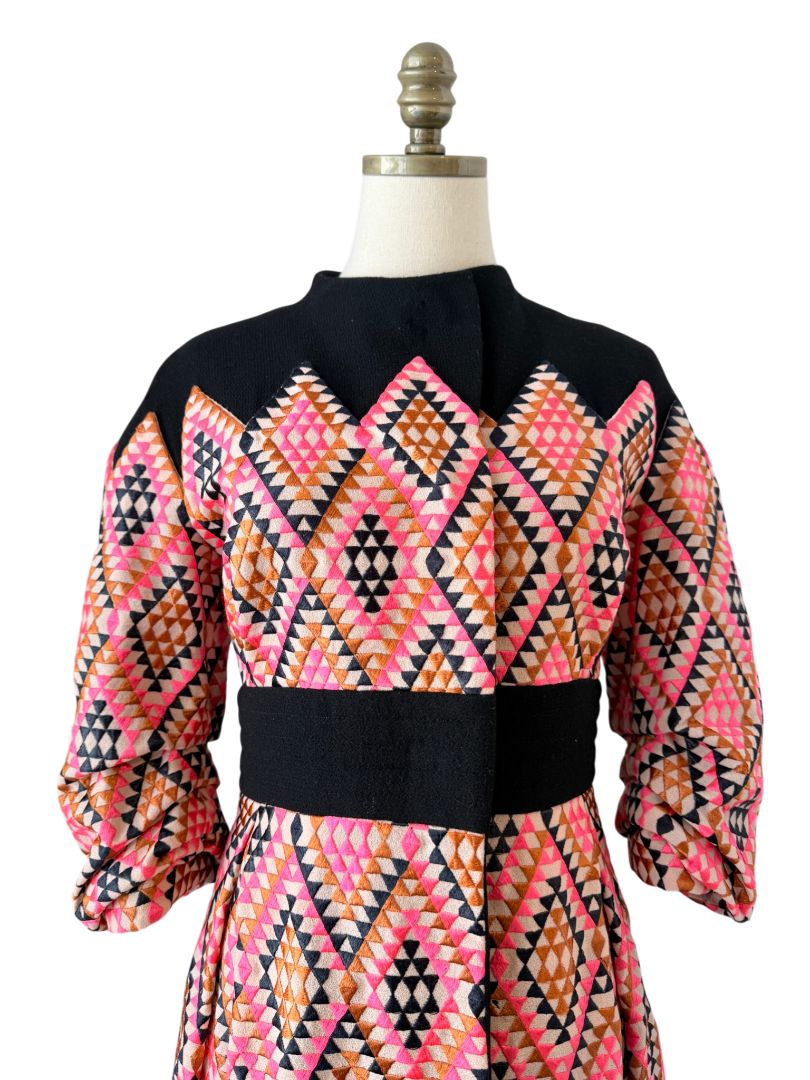 Amelia Toro Wool Snap-Front Coat with Ruched Sleeves and Pink Diamond Textile