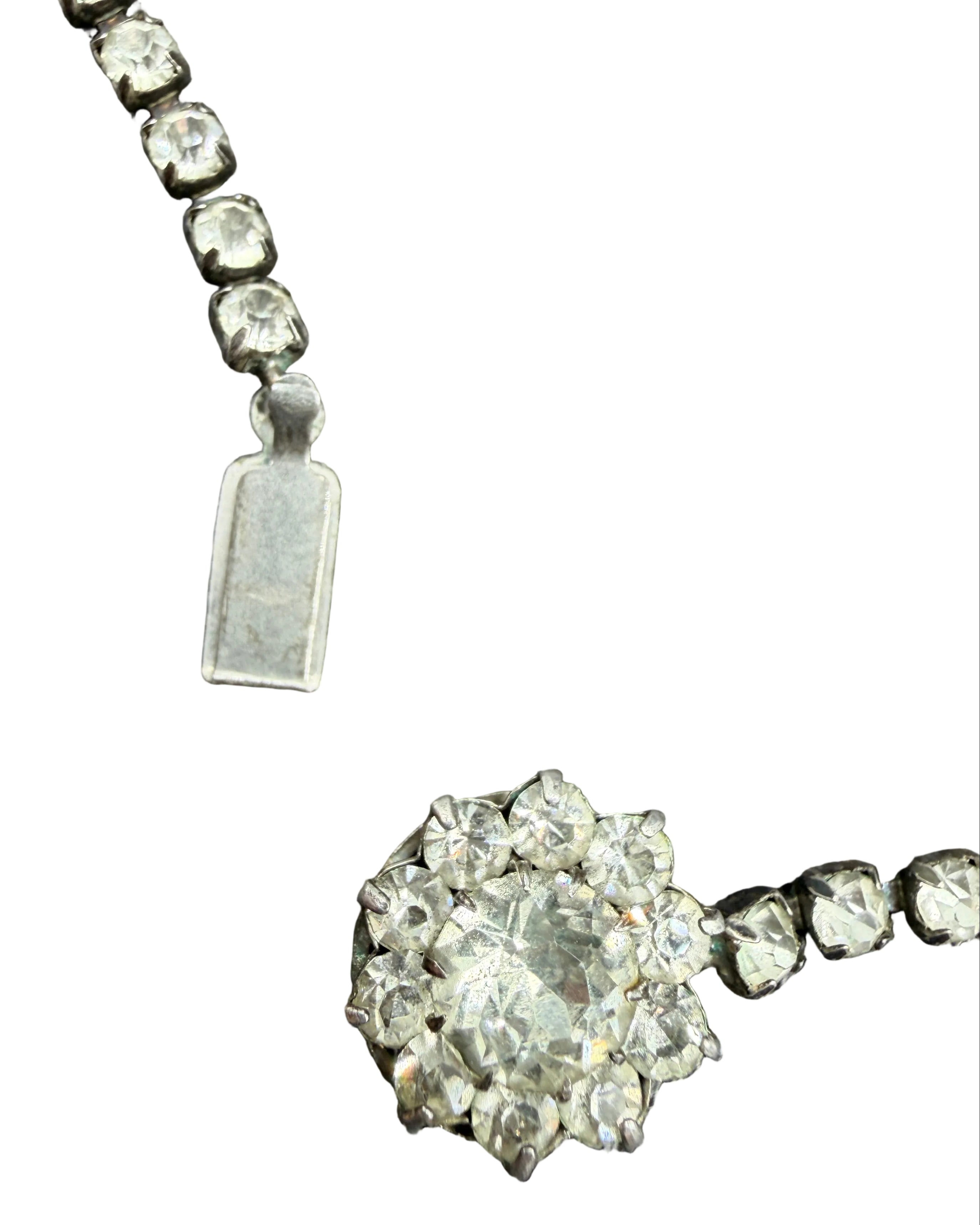 1950s Sterling Silver Rhinestone Chain Necklace with Austrian Crystal Cluster Pendant