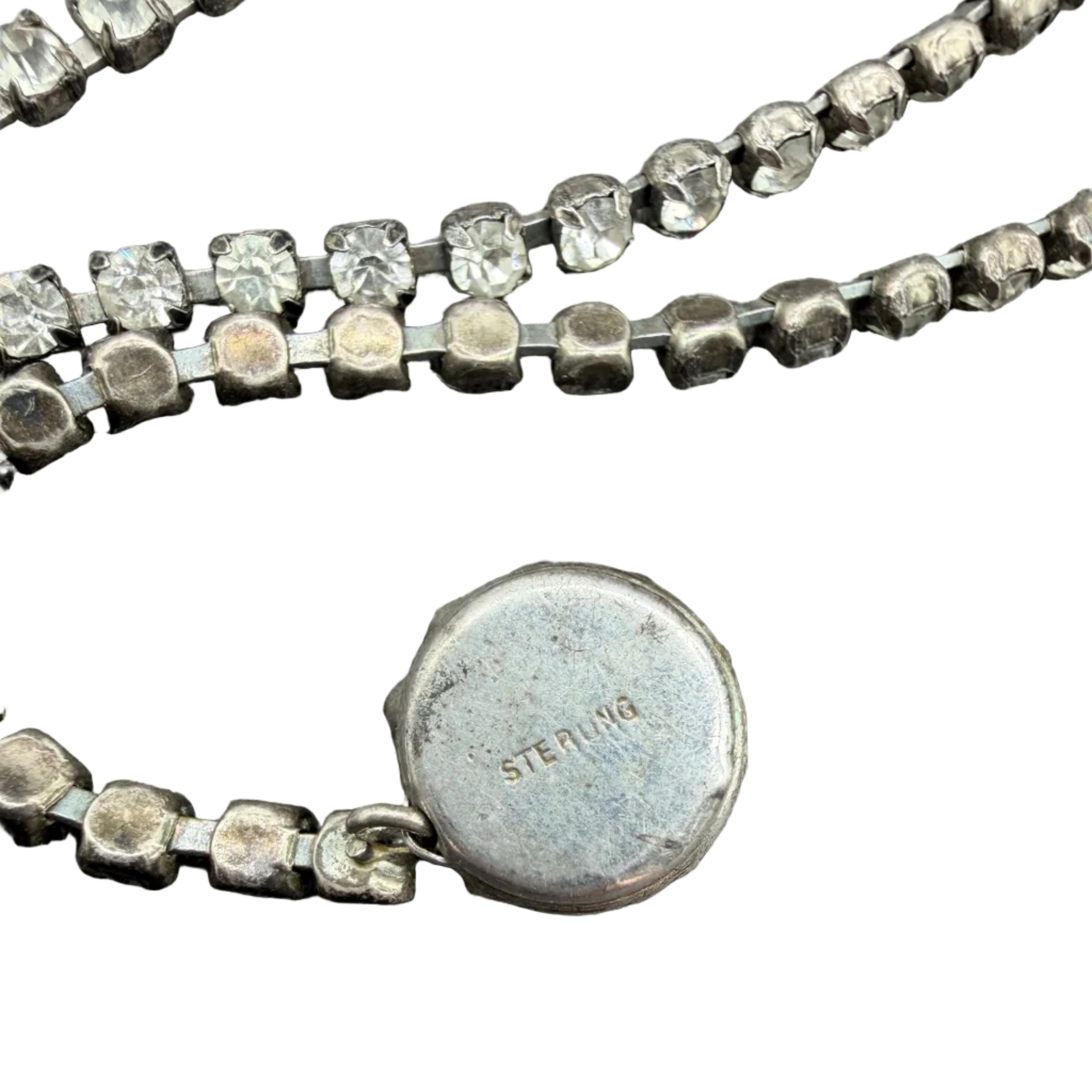 1950s Sterling Silver Rhinestone Chain Necklace with Austrian Crystal Cluster Pendant