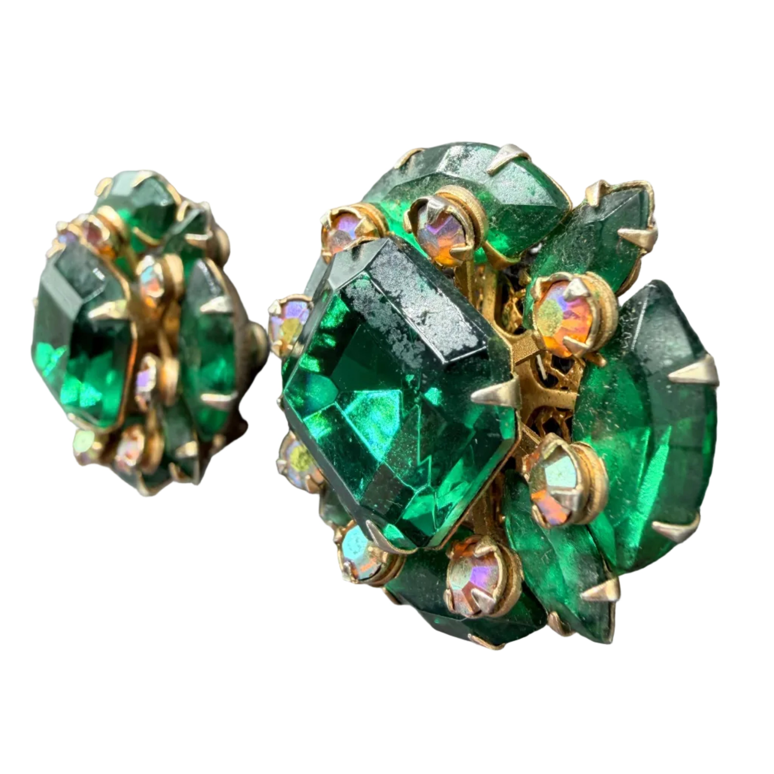 1950s Beau Jewels Green Rhinestone Cluster Clip Earrings