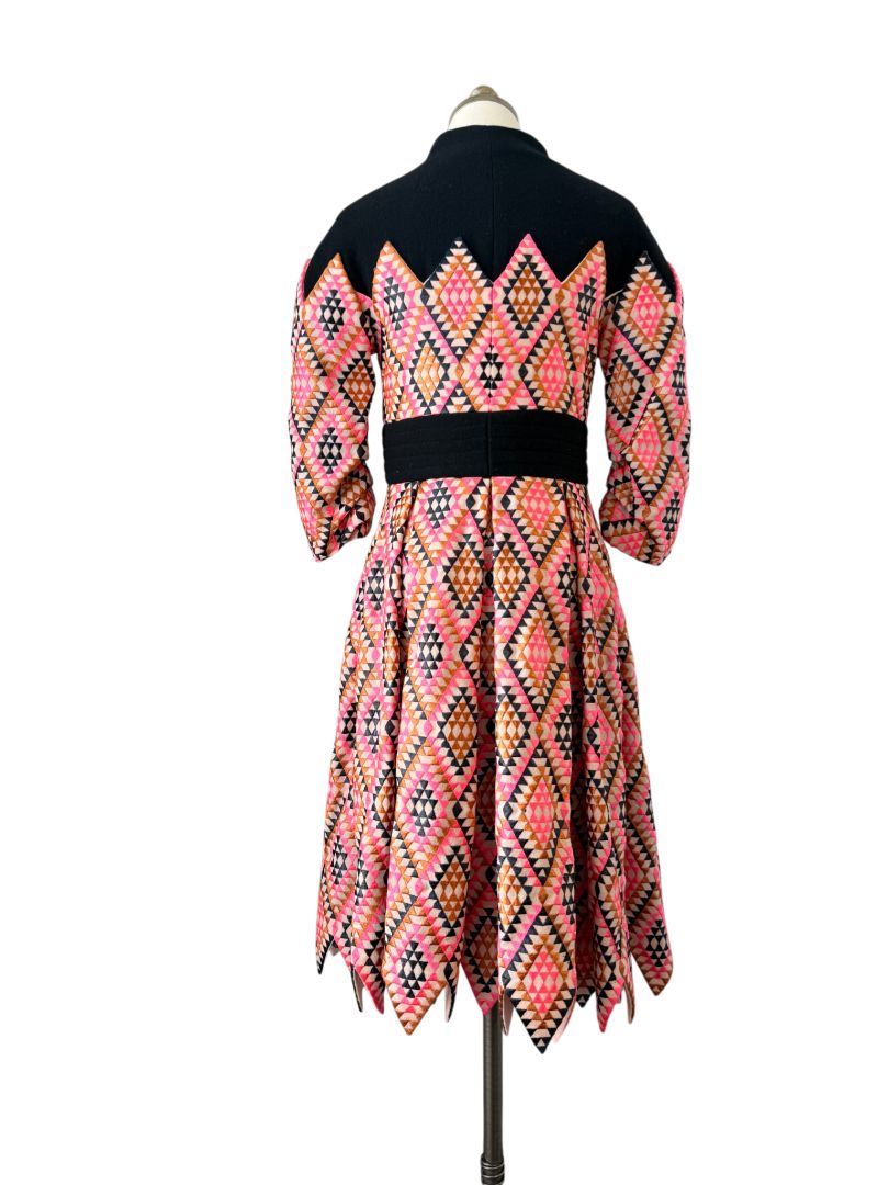 Amelia Toro Wool Snap-Front Coat with Ruched Sleeves and Pink Diamond Textile