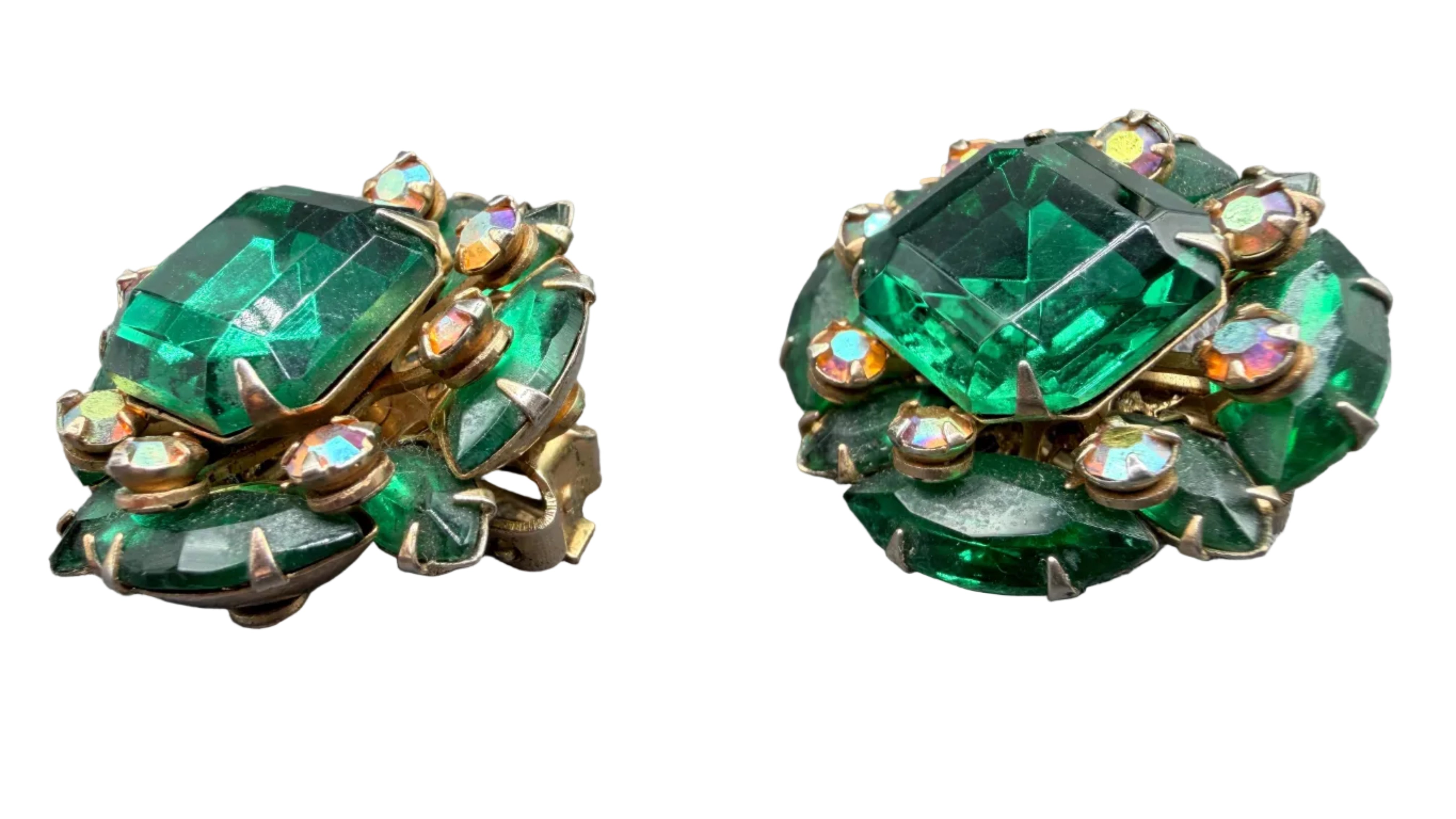 1950s Beau Jewels Green Rhinestone Cluster Clip Earrings