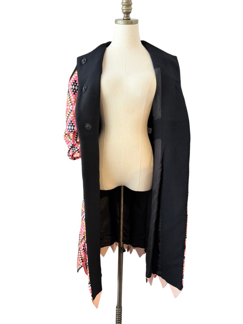 Amelia Toro Wool Snap-Front Coat with Ruched Sleeves and Pink Diamond Textile