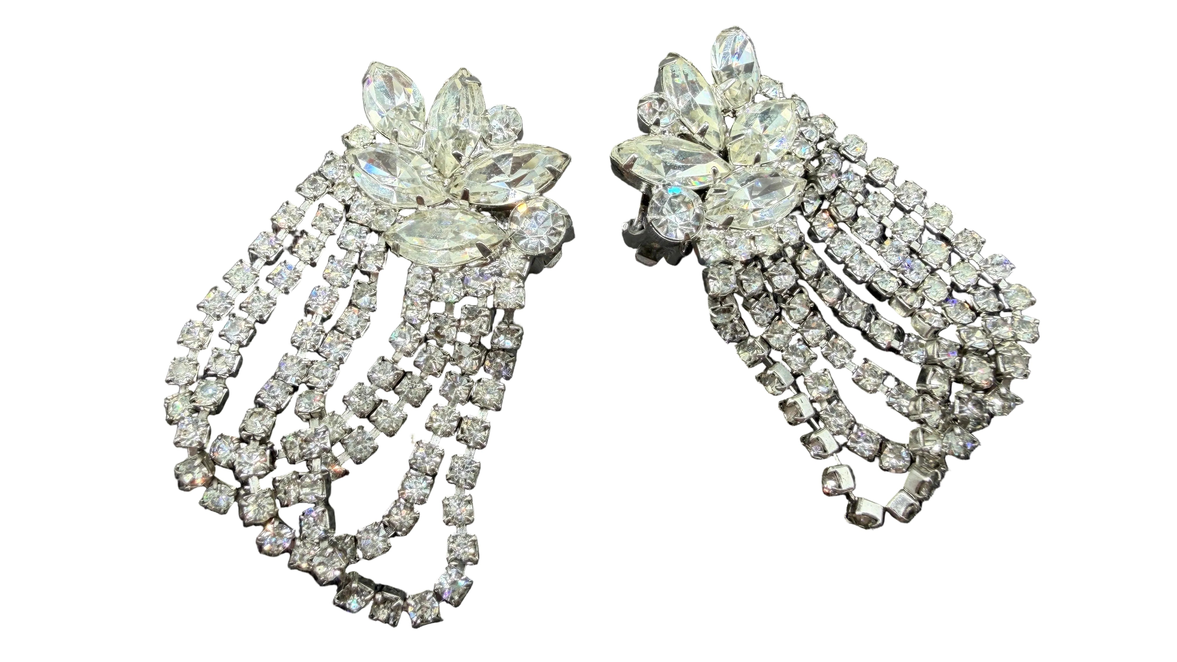 1950s Clear Rhinestone Cluster Cascading Fringe Loop Clip Earrings