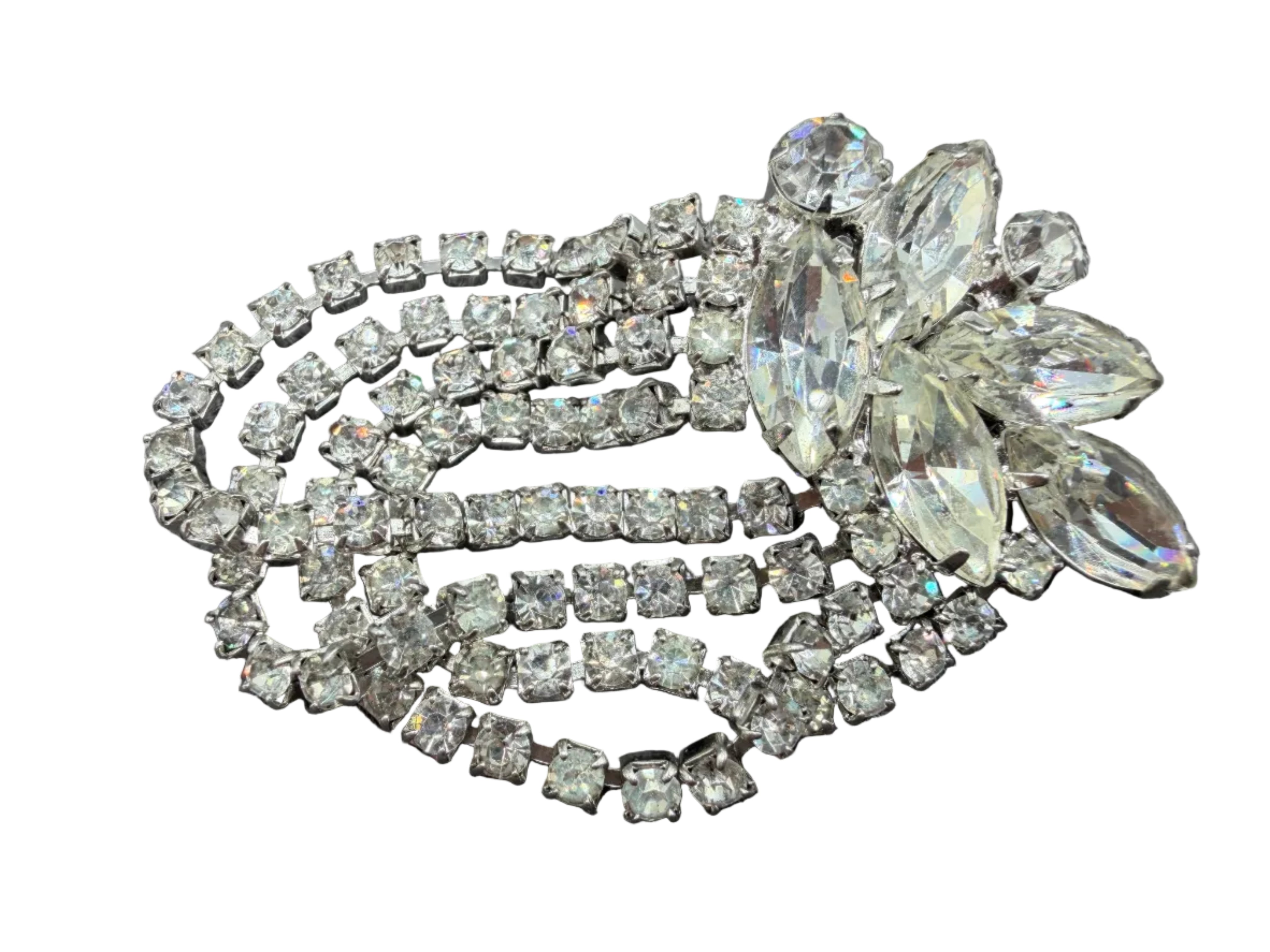 1950s Clear Rhinestone Cluster Cascading Fringe Loop Clip Earrings