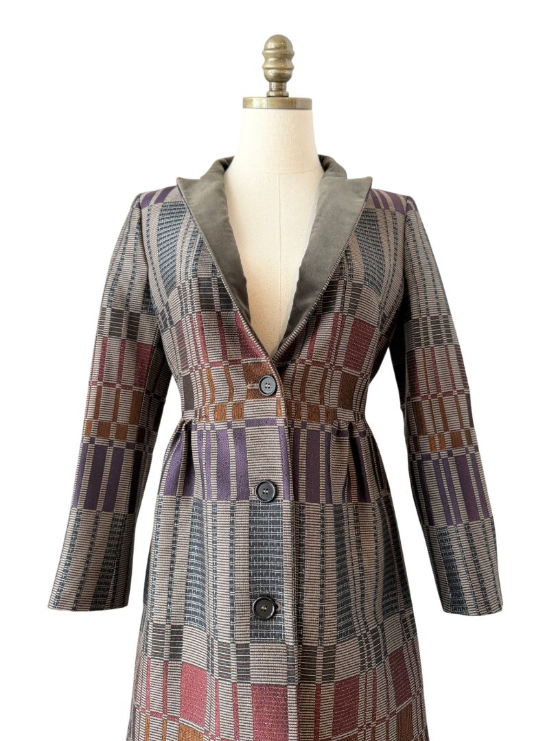 Etro Multicolor Geometric Jacquard 3/4 Coat with Velvet Collar and Back Belt