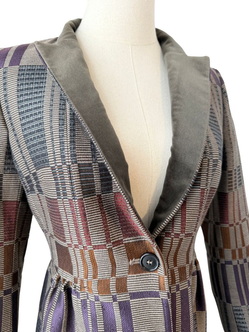 Etro Multicolor Geometric Jacquard 3/4 Coat with Velvet Collar and Back Belt