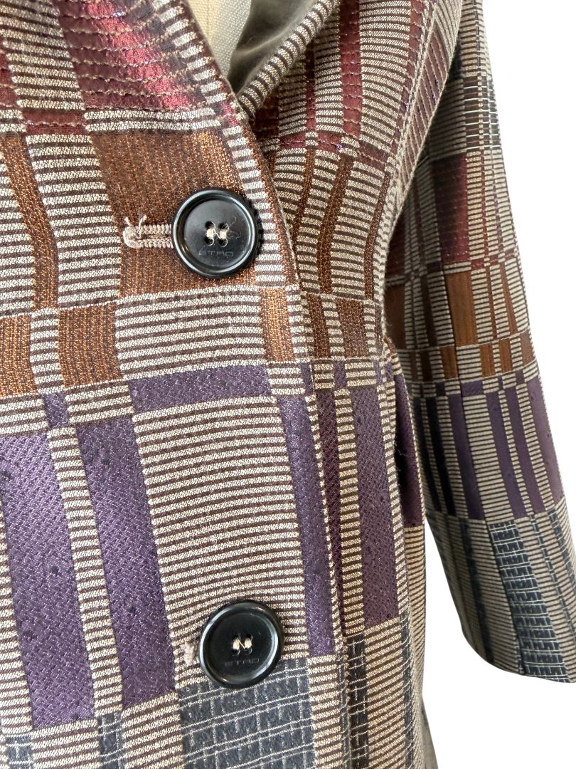 Etro Multicolor Geometric Jacquard 3/4 Coat with Velvet Collar and Back Belt