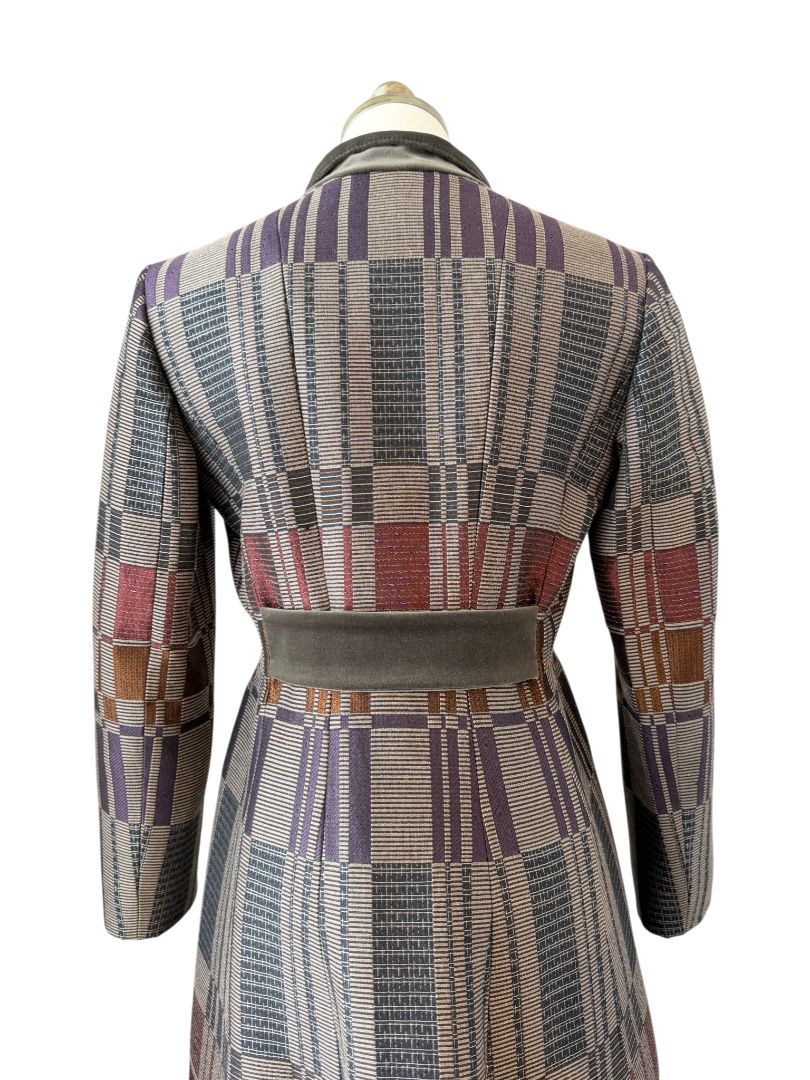 Etro Multicolor Geometric Jacquard 3/4 Coat with Velvet Collar and Back Belt