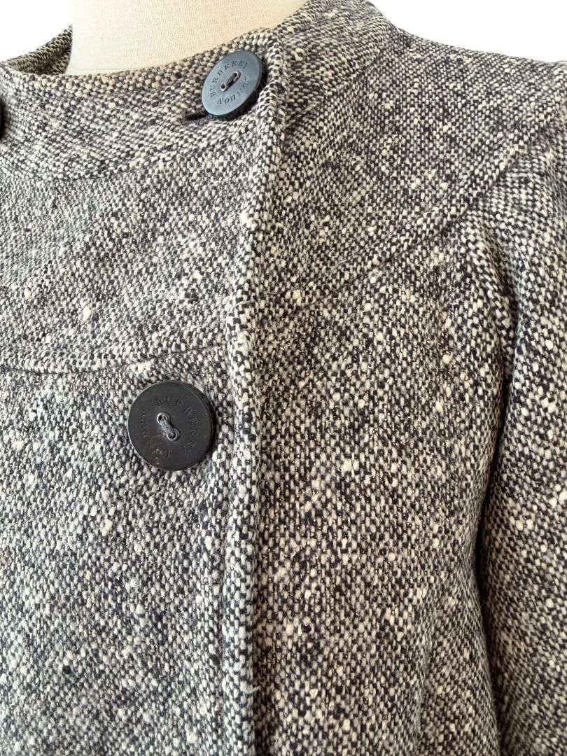 Burberry London Double-Breasted Tweed Swing Coat with Metallic Threads and Puffy Sleeves