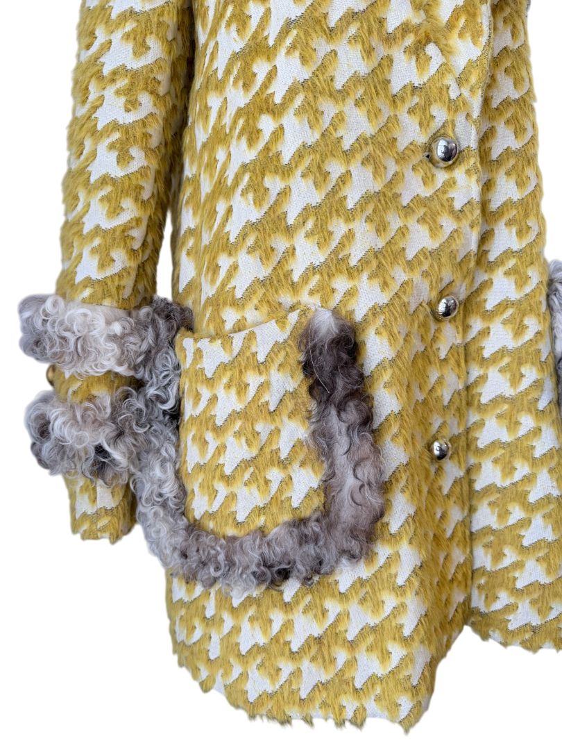 Just Cavalli Yellow Houndstooth Coat with Mohair Trim