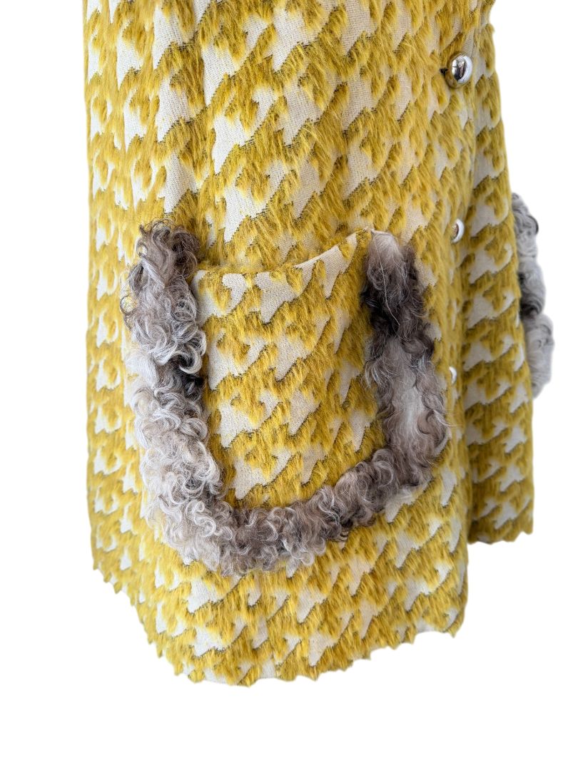 Just Cavalli Yellow Houndstooth Coat with Mohair Trim