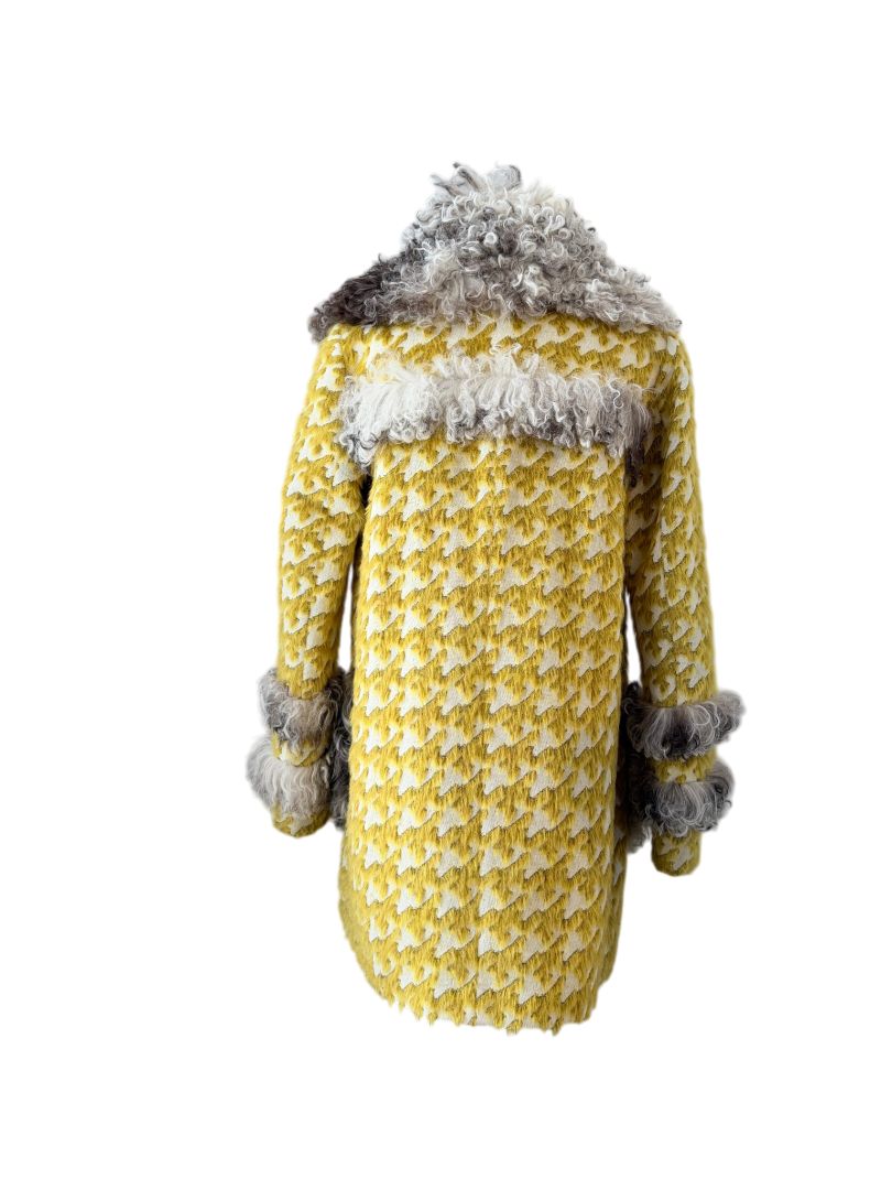 Just Cavalli Yellow Houndstooth Coat with Mohair Trim