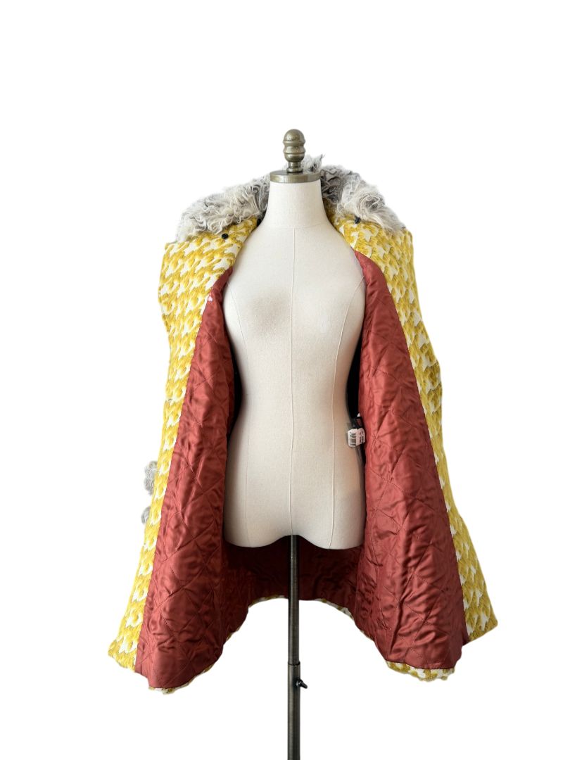 Just Cavalli Yellow Houndstooth Coat with Mohair Trim
