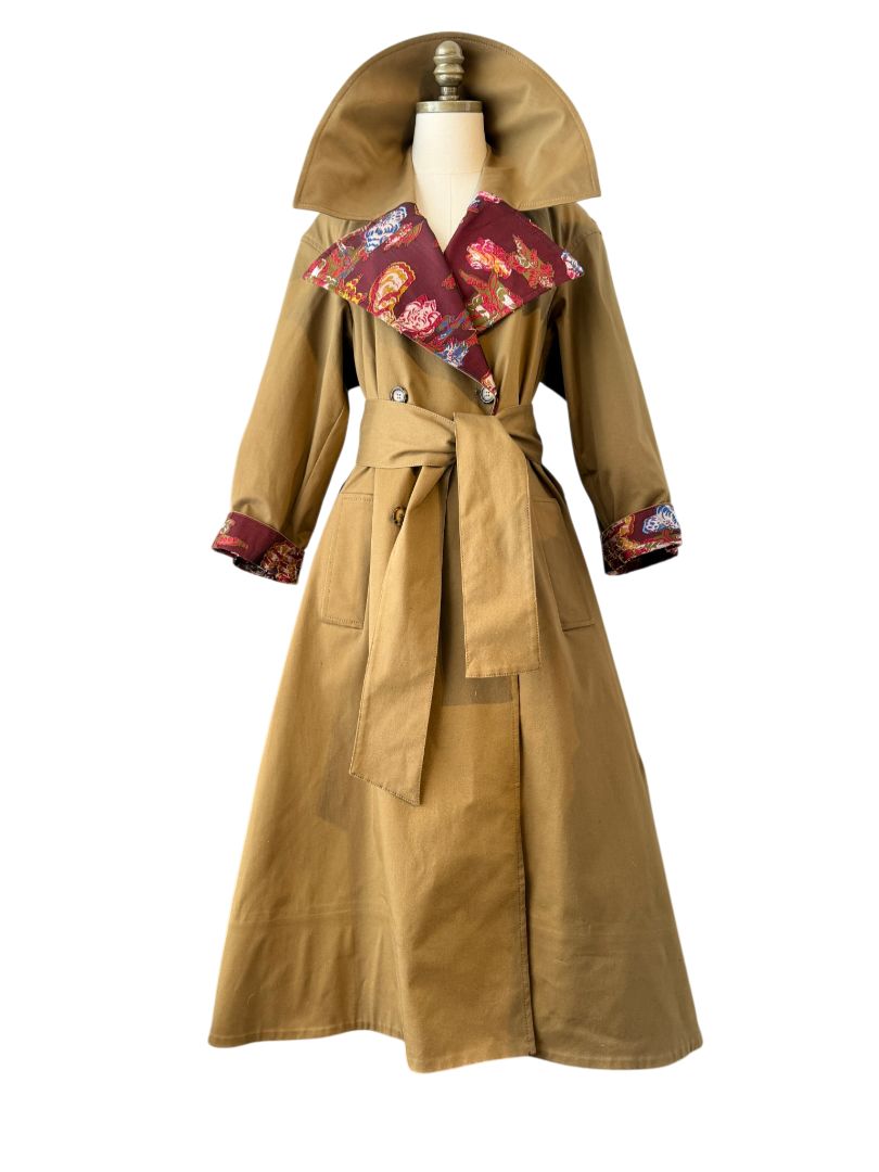 Oscar de la Renta Double-Breasted Trench Coat with Asian Floral Damask Trim