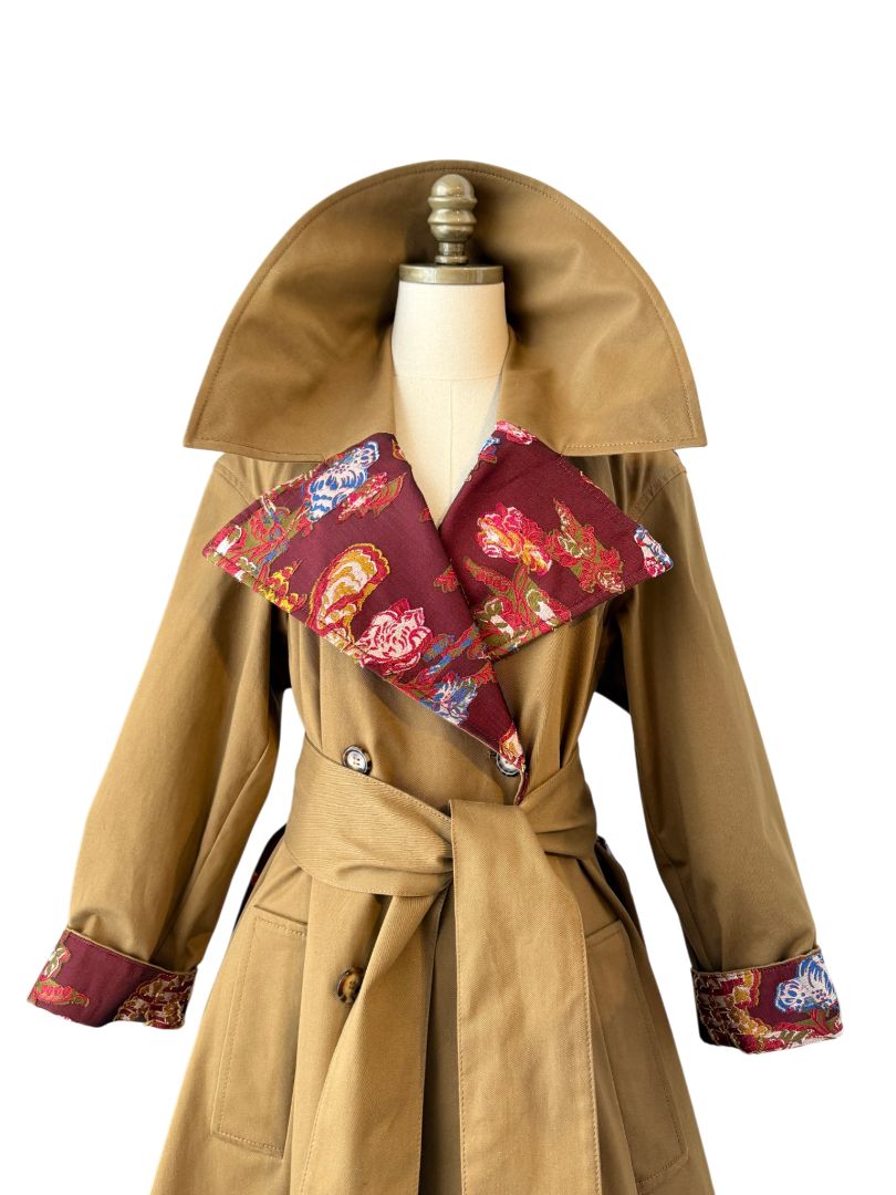 Oscar de la Renta Double-Breasted Trench Coat with Asian Floral Damask Trim