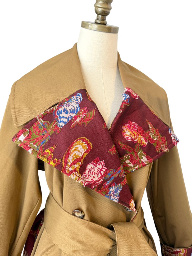 Oscar de la Renta Double-Breasted Trench Coat with Asian Floral Damask Trim