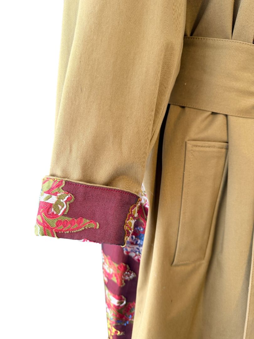 Oscar de la Renta Double-Breasted Trench Coat with Asian Floral Damask Trim