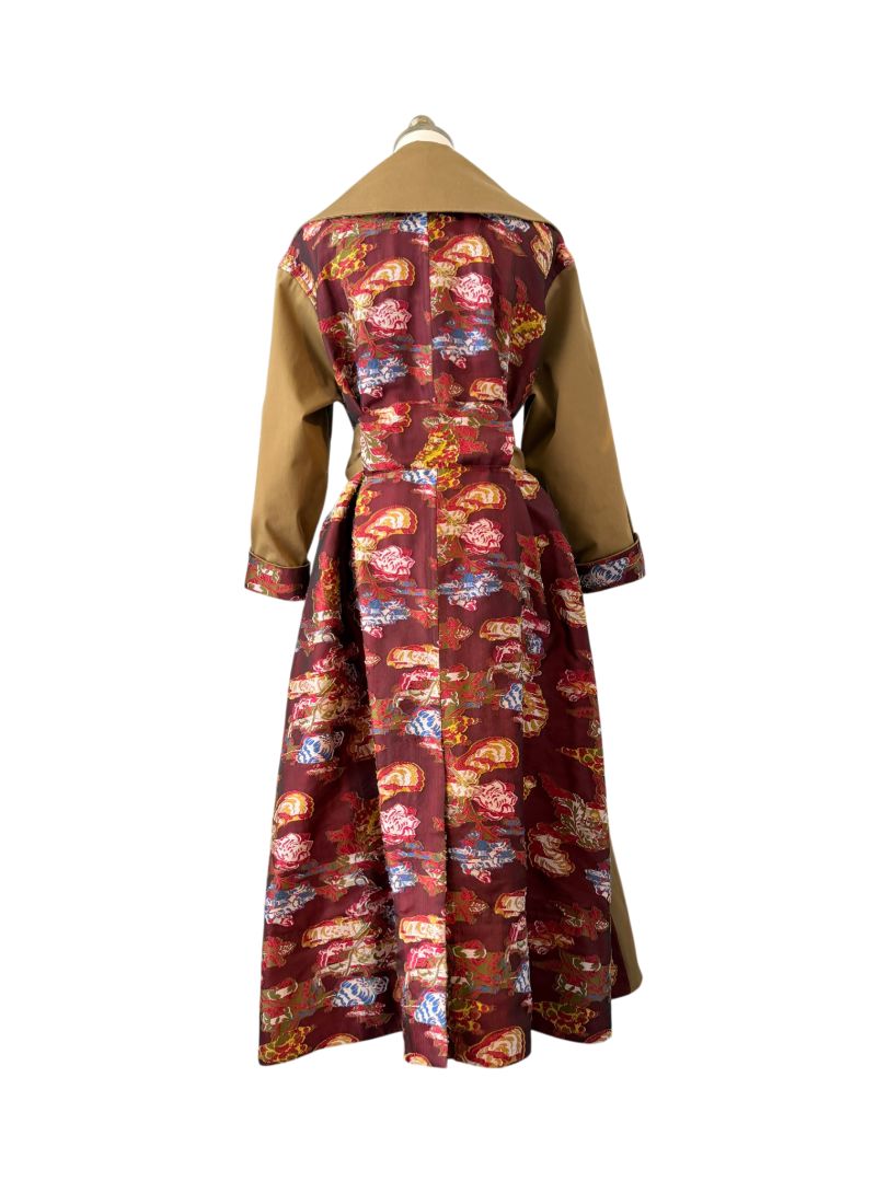 Oscar de la Renta Double-Breasted Trench Coat with Asian Floral Damask Trim