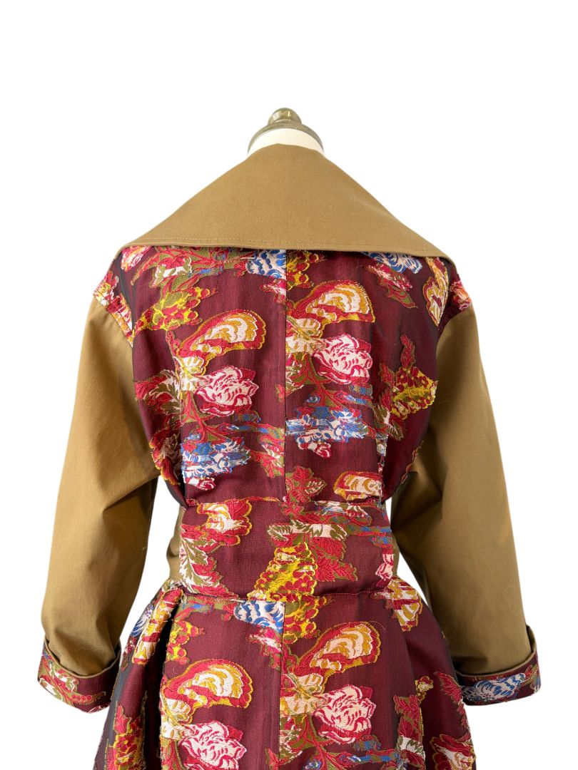 Oscar de la Renta Double-Breasted Trench Coat with Asian Floral Damask Trim