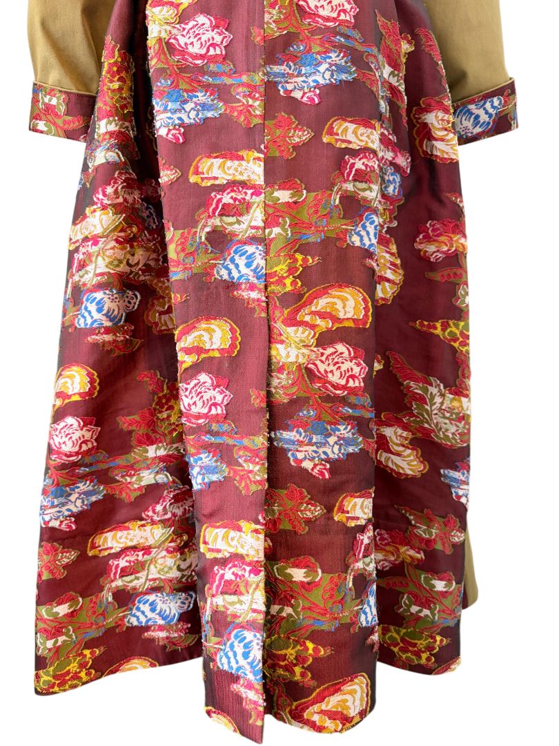 Oscar de la Renta Double-Breasted Trench Coat with Asian Floral Damask Trim