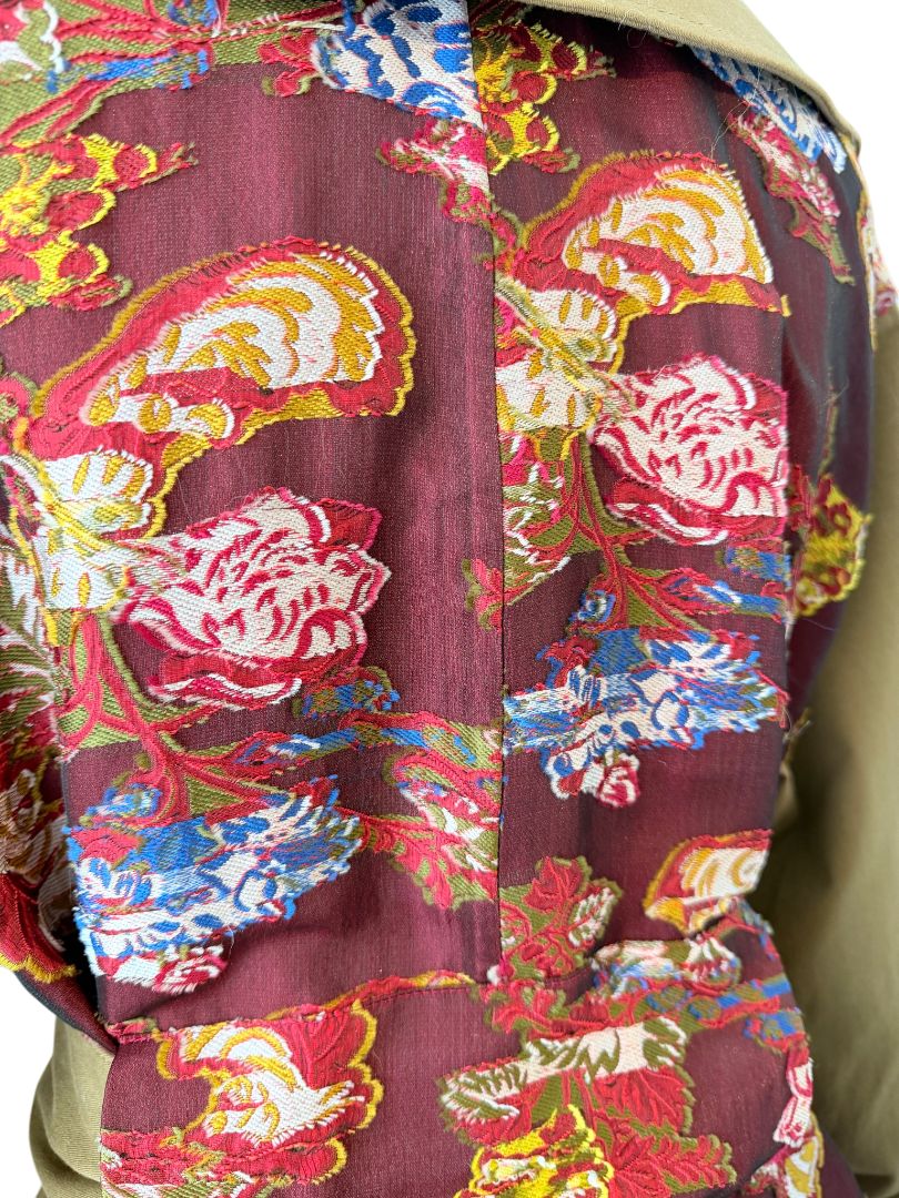 Oscar de la Renta Double-Breasted Trench Coat with Asian Floral Damask Trim