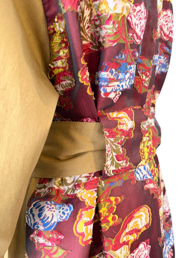 Oscar de la Renta Double-Breasted Trench Coat with Asian Floral Damask Trim
