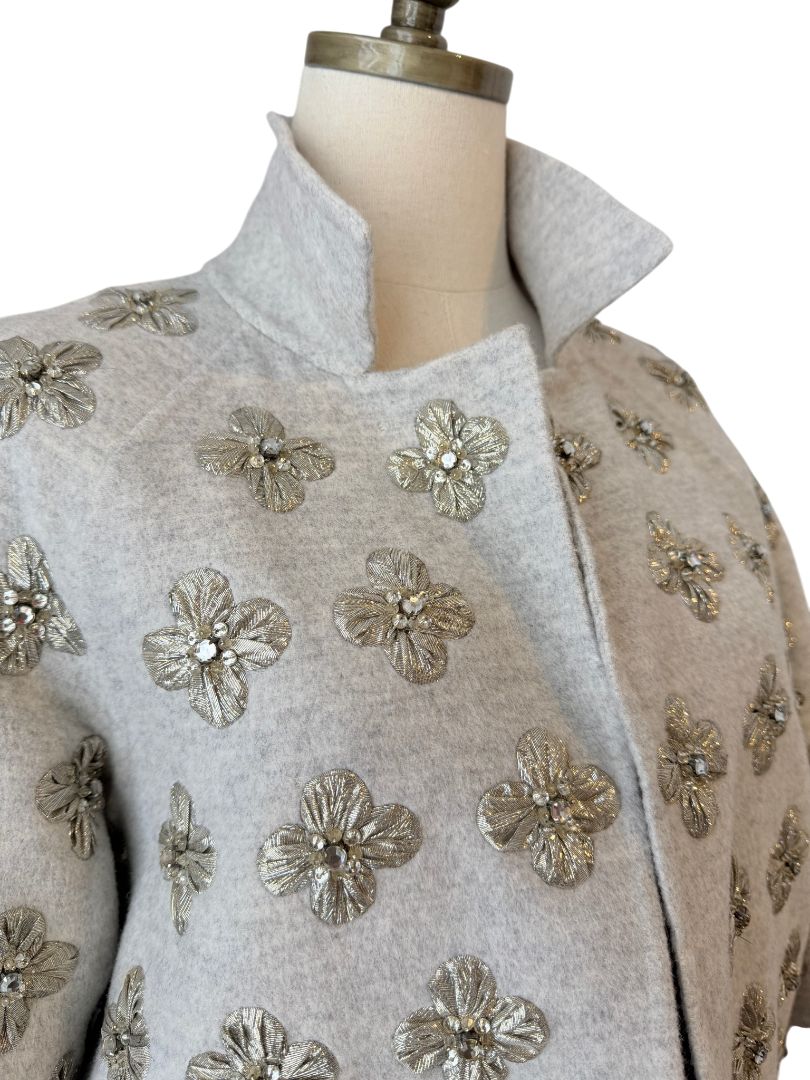 Oscar de la Renta Grey Wool 3/4 Open Jacket with Silver Lamé Floral Embellishment