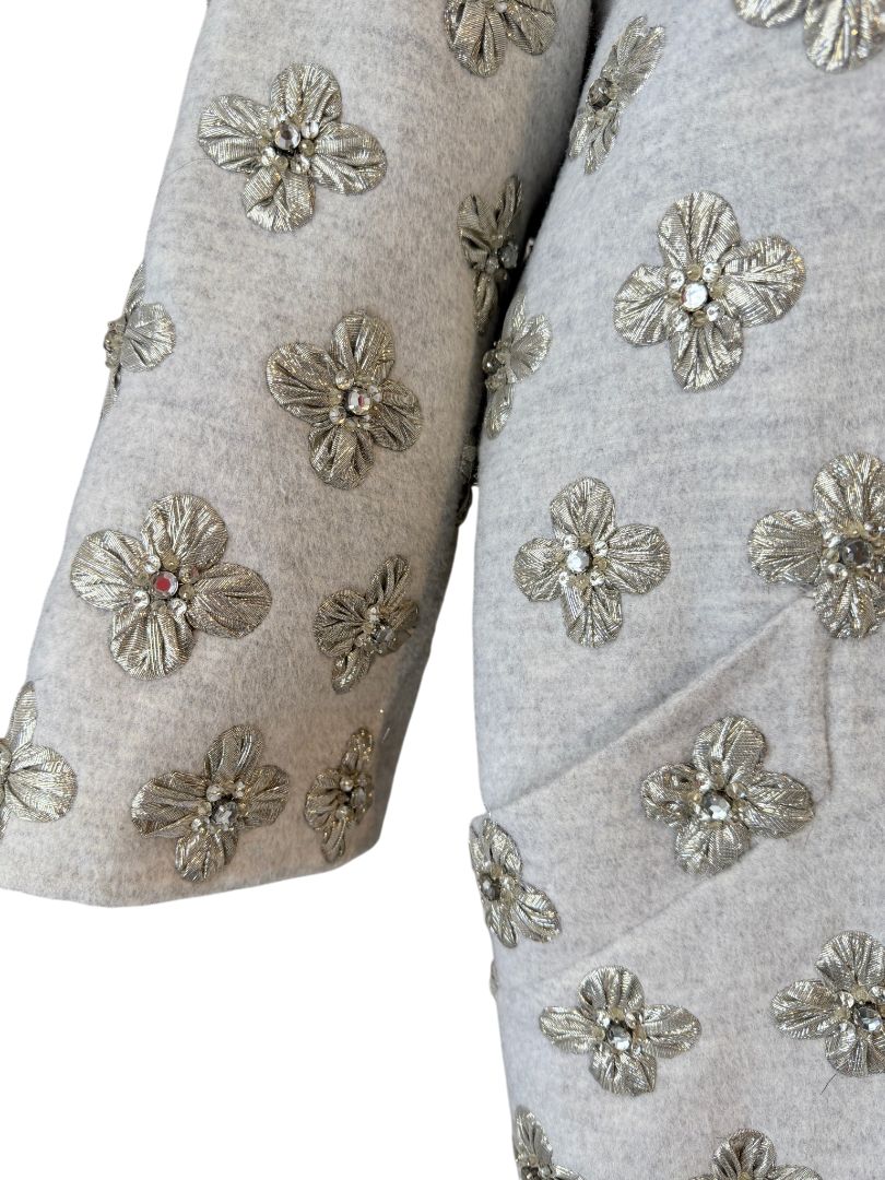 Oscar de la Renta Grey Wool 3/4 Open Jacket with Silver Lamé Floral Embellishment