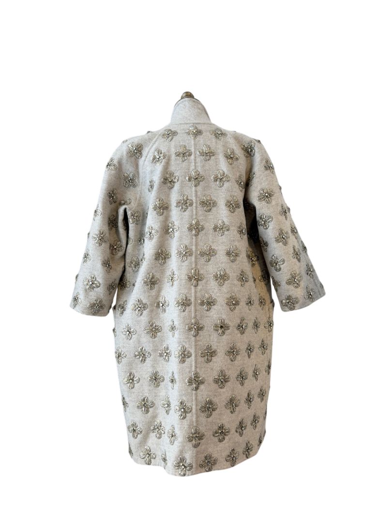 Oscar de la Renta Grey Wool 3/4 Open Jacket with Silver Lamé Floral Embellishment