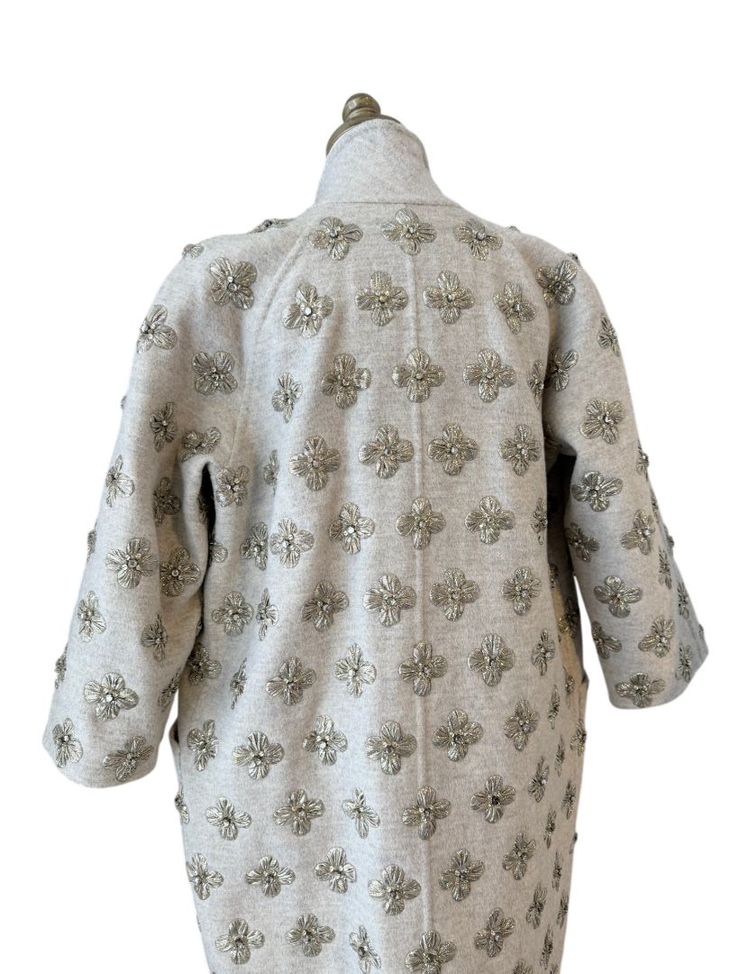 Oscar de la Renta Grey Wool 3/4 Open Jacket with Silver Lamé Floral Embellishment