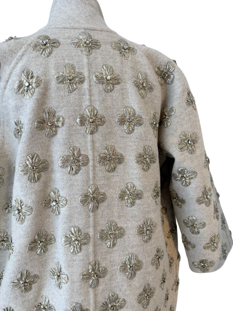 Oscar de la Renta Grey Wool 3/4 Open Jacket with Silver Lamé Floral Embellishment